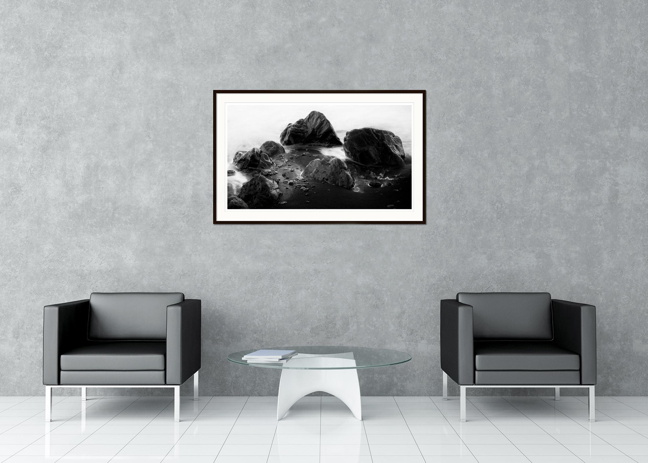 Black Stone Beach, giant Rocks, surf, Madeira, Portugal, black and white photo For Sale 1
