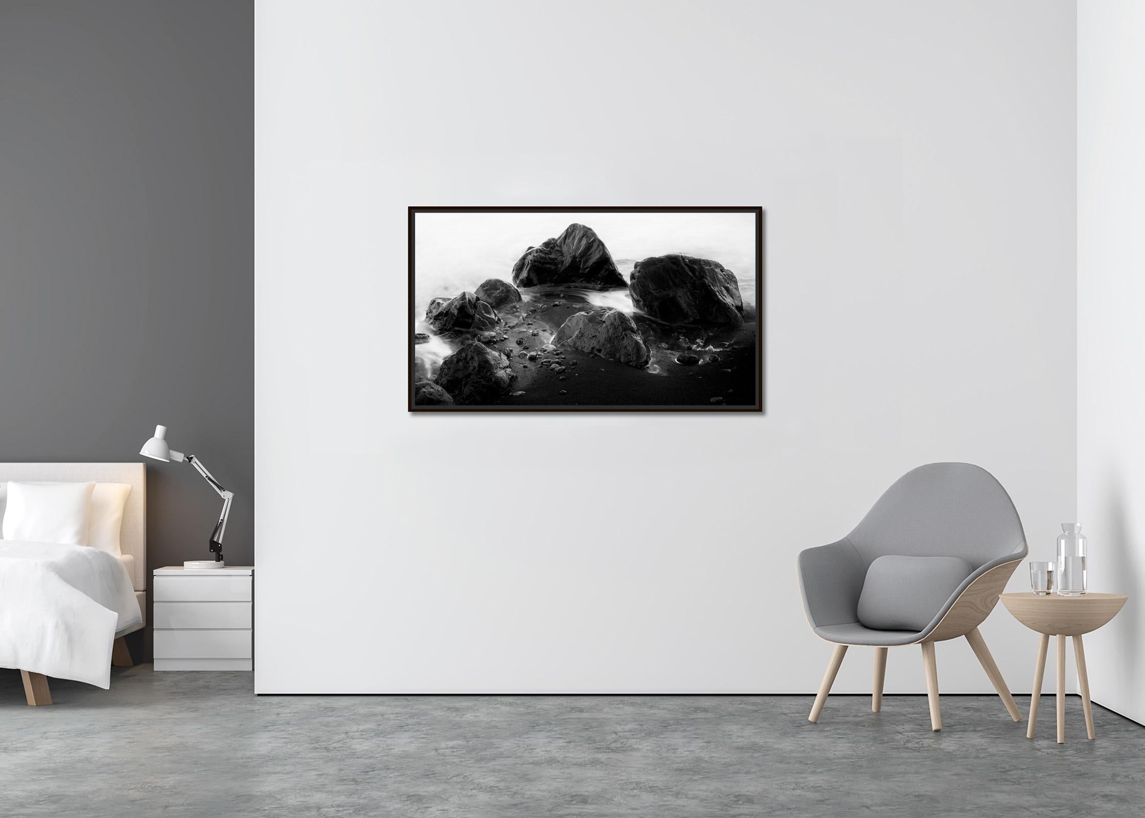 Black Stone Beach, giant Rocks, surf, Madeira, Portugal, black and white photo For Sale 2