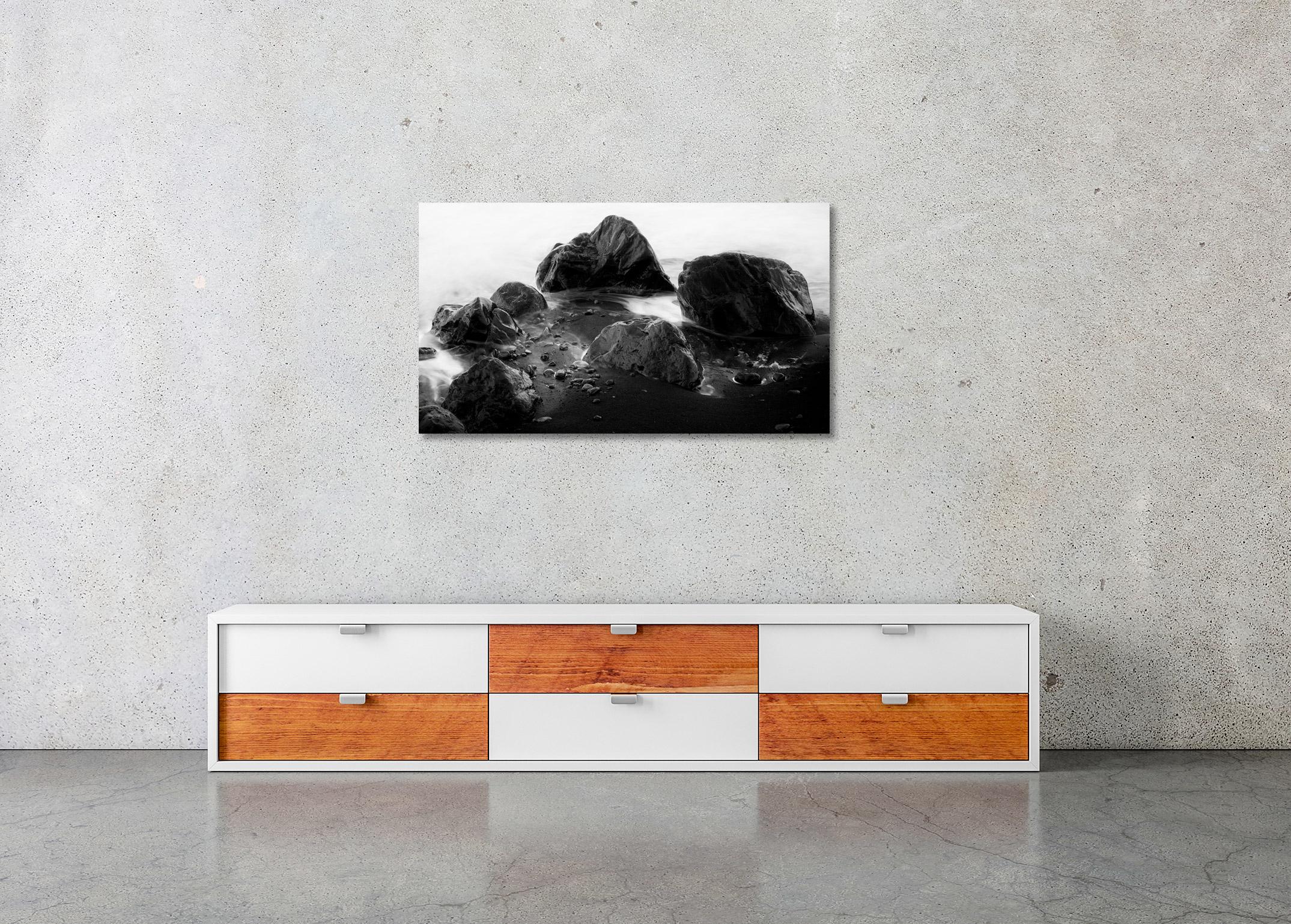 Black Stone Beach, giant Rocks, surf, Madeira, Portugal, black and white photo For Sale 3