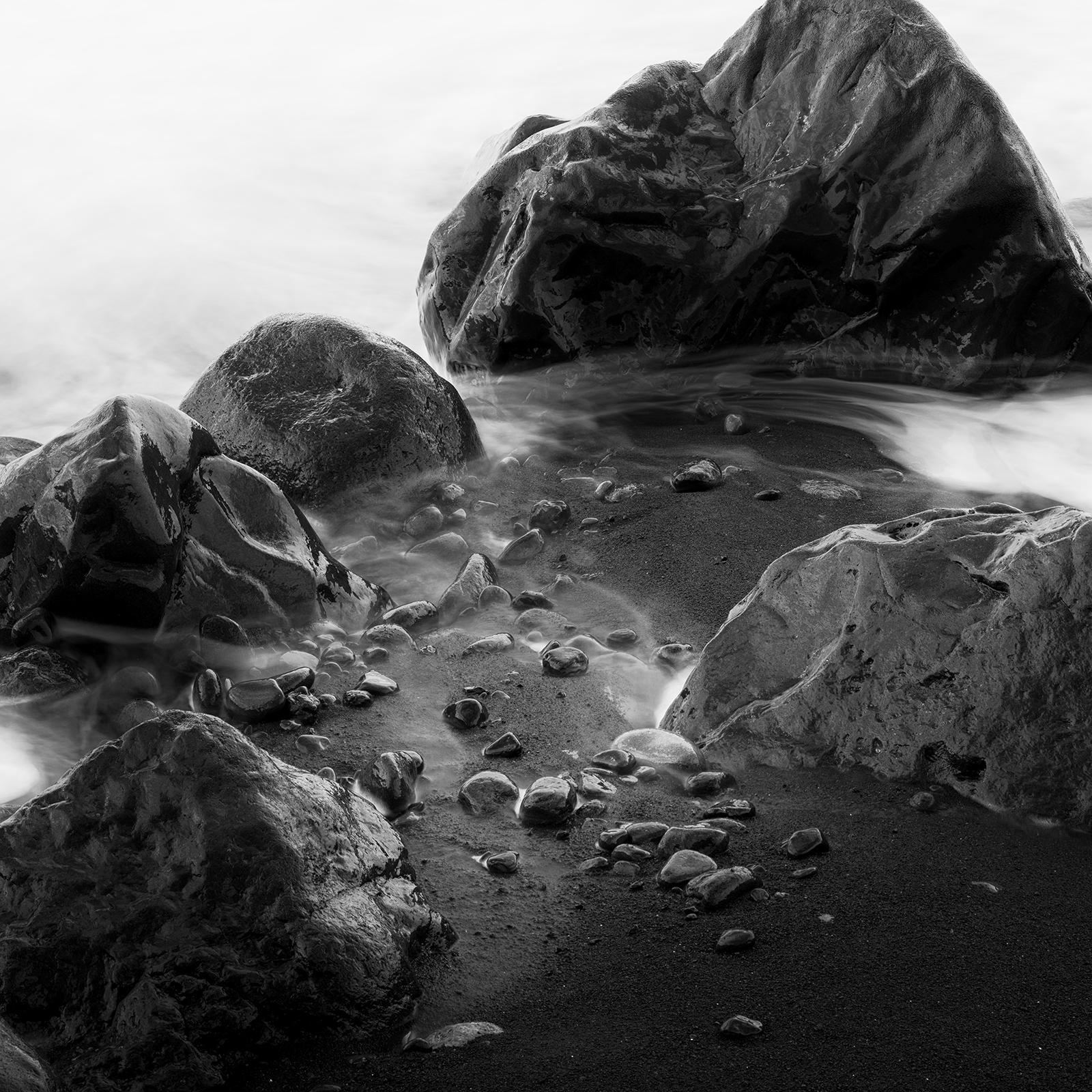 Black Stone Beach, giant Rocks, surf, Madeira, Portugal, black and white photo For Sale 4
