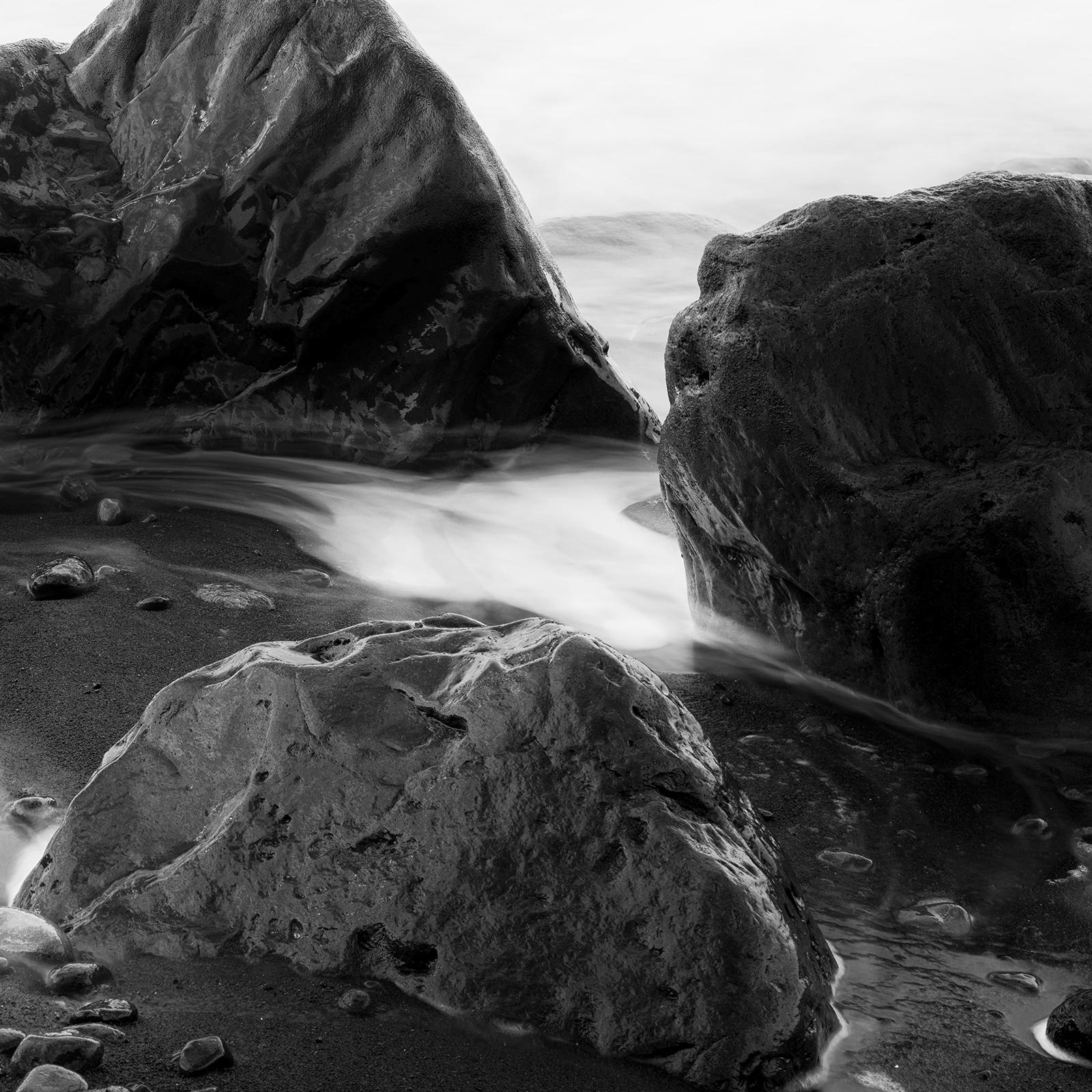 Black Stone Beach, giant Rocks, surf, Madeira, Portugal, black and white photo For Sale 5