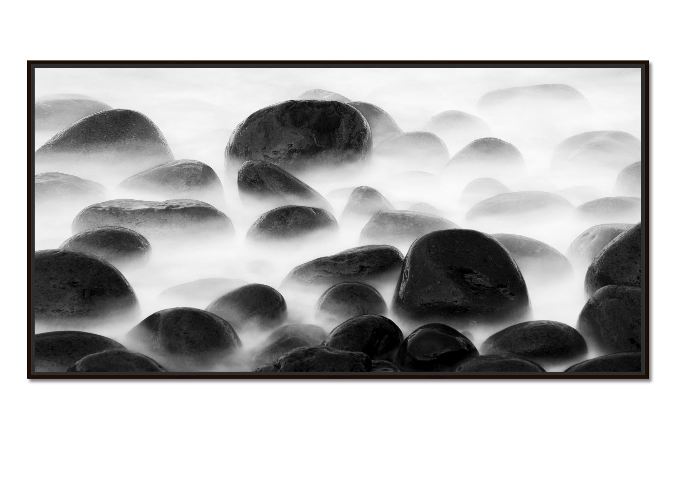 Black Stone Beach, black and white, long exposure, waterscape, art, photography - Photograph by Gerald Berghammer