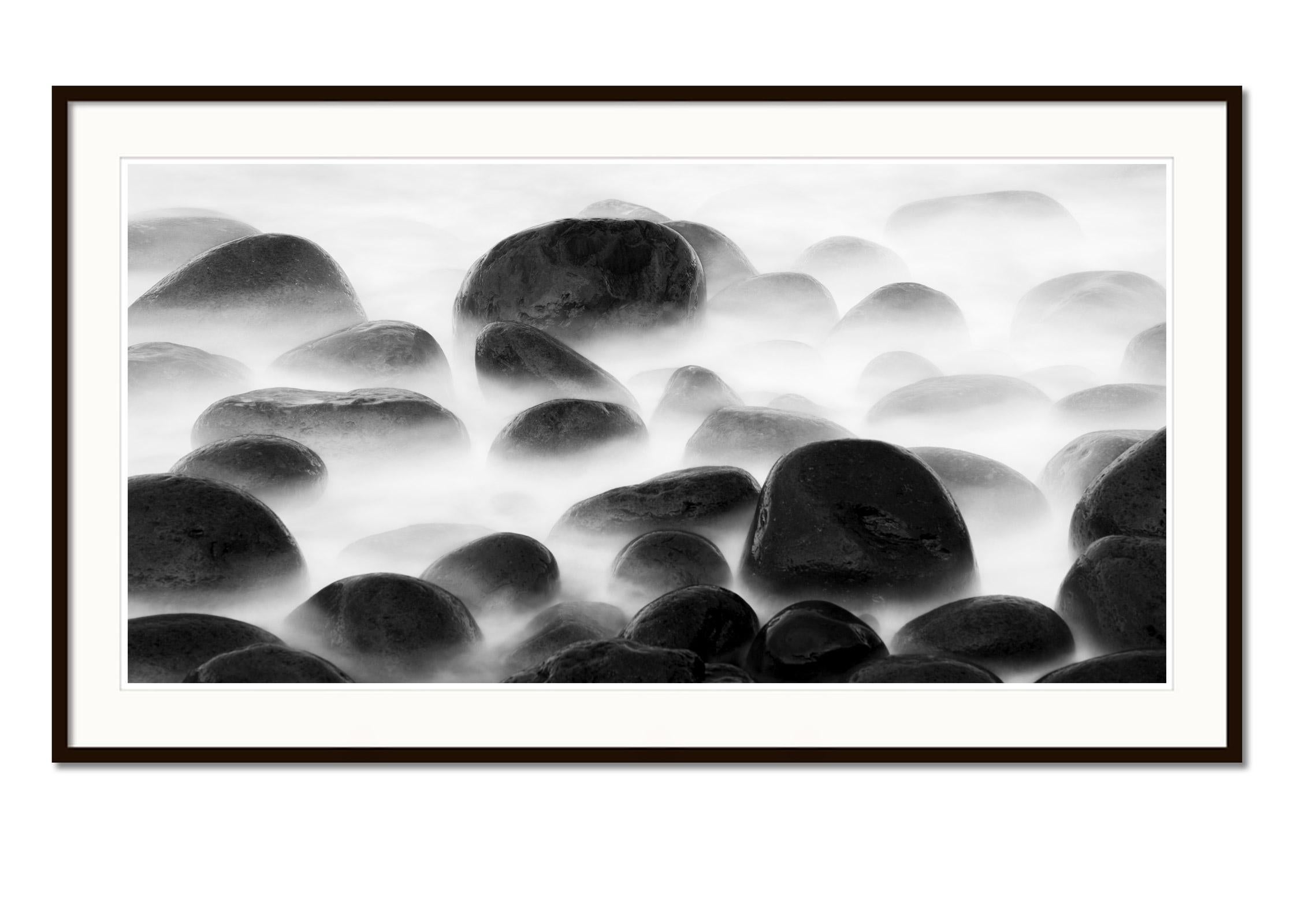 Black Stone Beach, black and white, long exposure, waterscape, art, photography - Contemporary Photograph by Gerald Berghammer