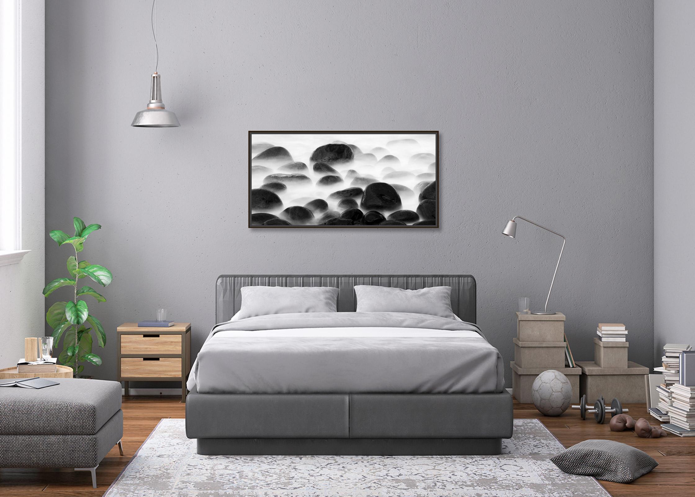 Black and White Fine Art Landscape photography. Big black stones on the shore in madeira, Portugal. Archival pigment ink print, edition of 9. Signed, titled, dated and numbered by artist. Certificate of authenticity included. Printed with 4cm white