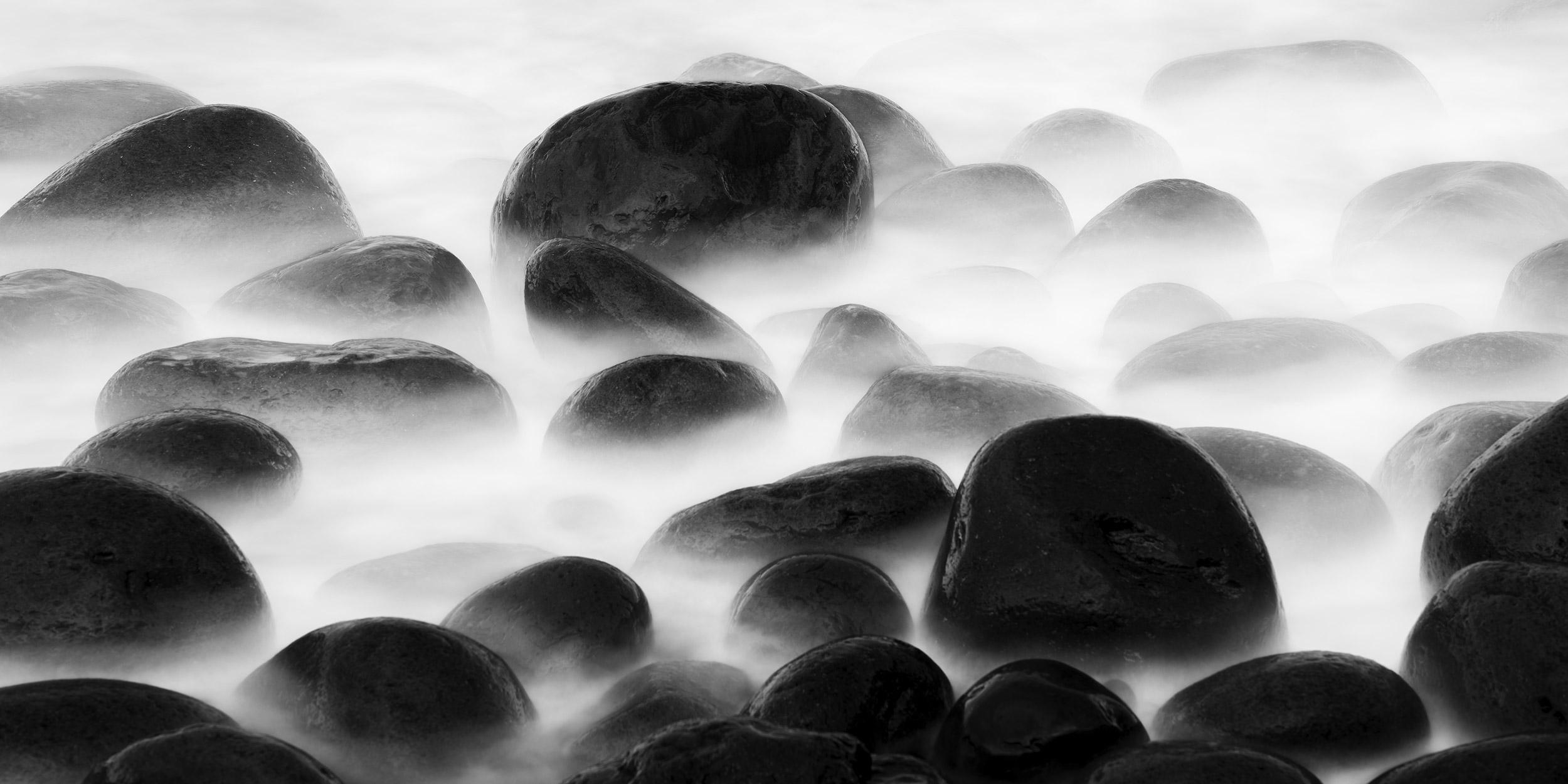 Gerald Berghammer Landscape Photograph - Black Stone Beach, black and white, long exposure, waterscape, art, photography