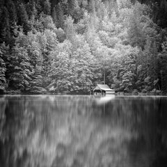 Boat House at Mountain Lake, Austria, b&w photography, fine art print, framed
