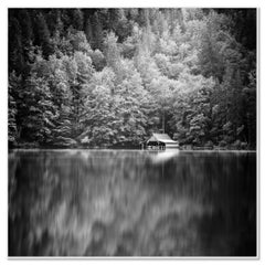 Boathouse at Mountain Lake, Austria - black and white photography - landscape
