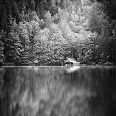 Boathouse at Mountain Lake, Austria,  black and white photography, landscape