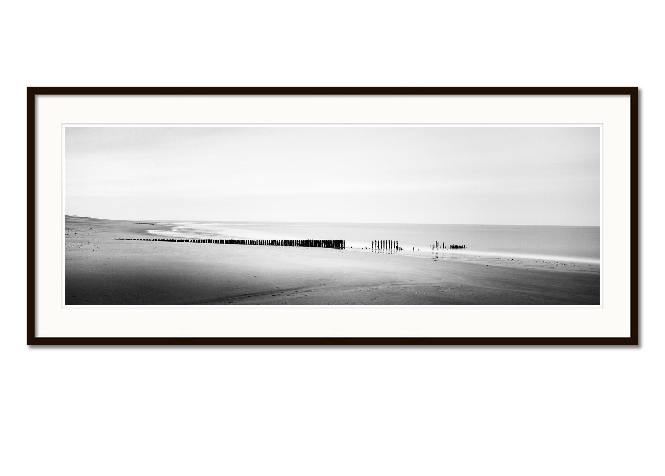 Broken Groyne, Beach, Sylt, Germany, black and white landscape photography print - Gray Landscape Photograph by Gerald Berghammer