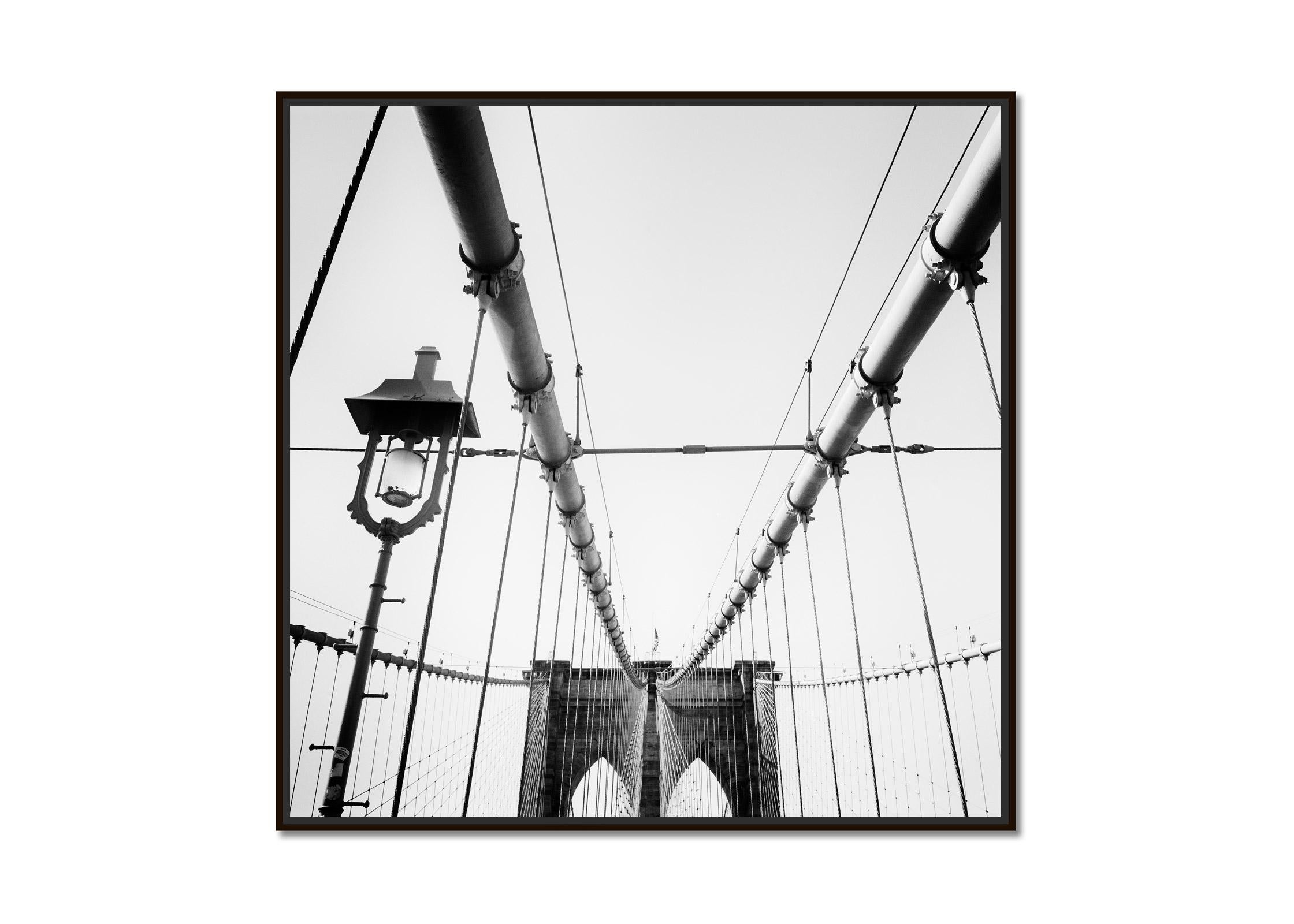 Brooklyn Bridge, archtecture detail, New York, USA, black white cityscape print - Gray Landscape Photograph by Gerald Berghammer