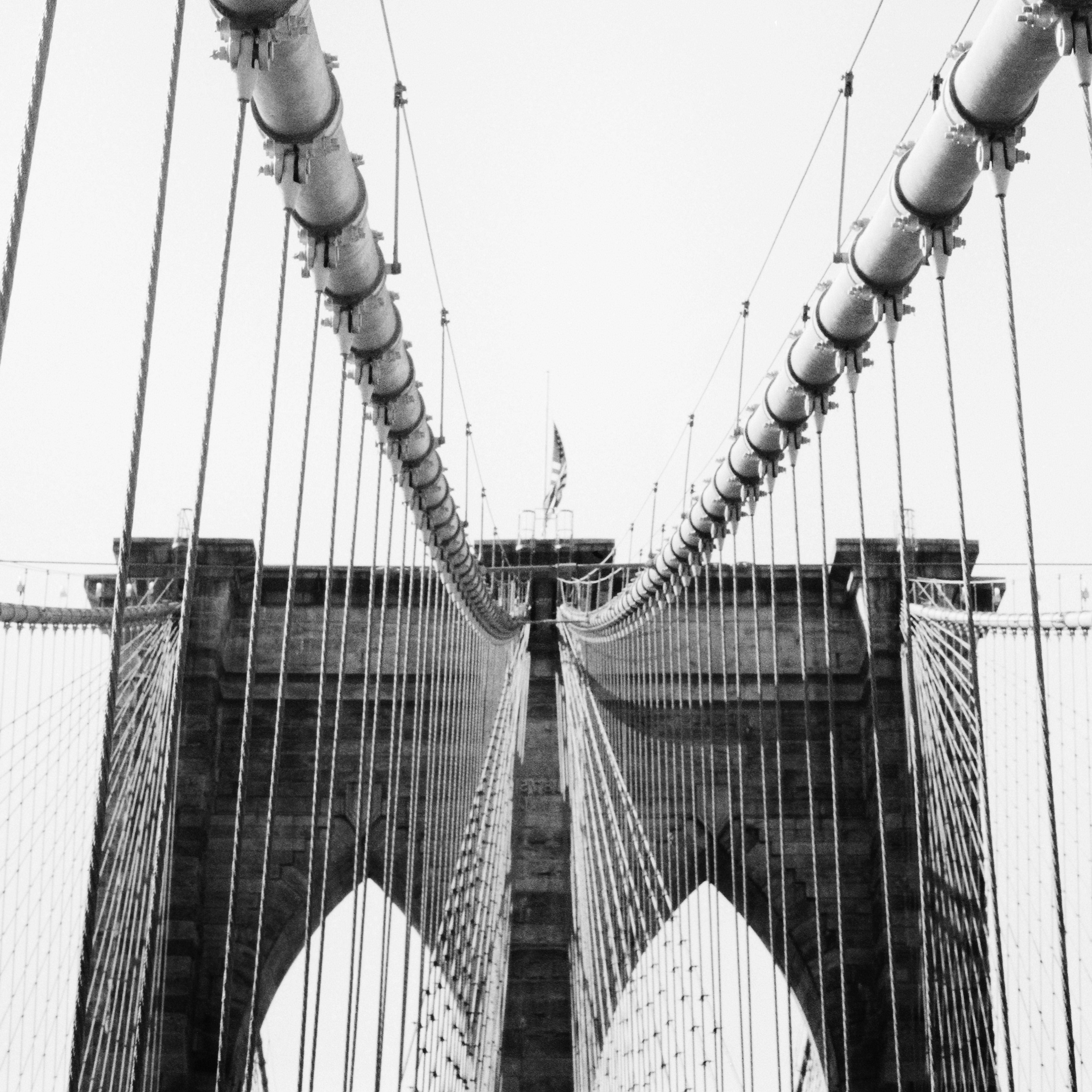 Brooklyn Bridge, archtecture detail, New York, USA, black white cityscape print - Photograph by Gerald Berghammer