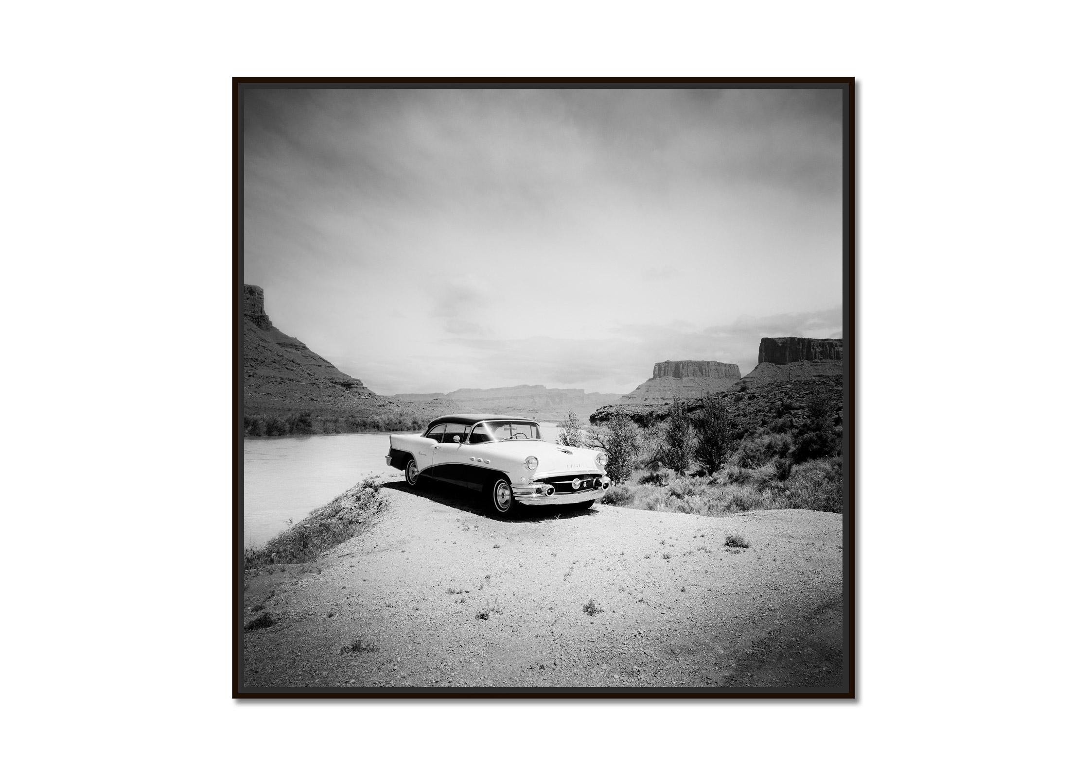 Buick 60 Century Convertible, Desert, USA, black and white landscape photography - Photograph by Gerald Berghammer