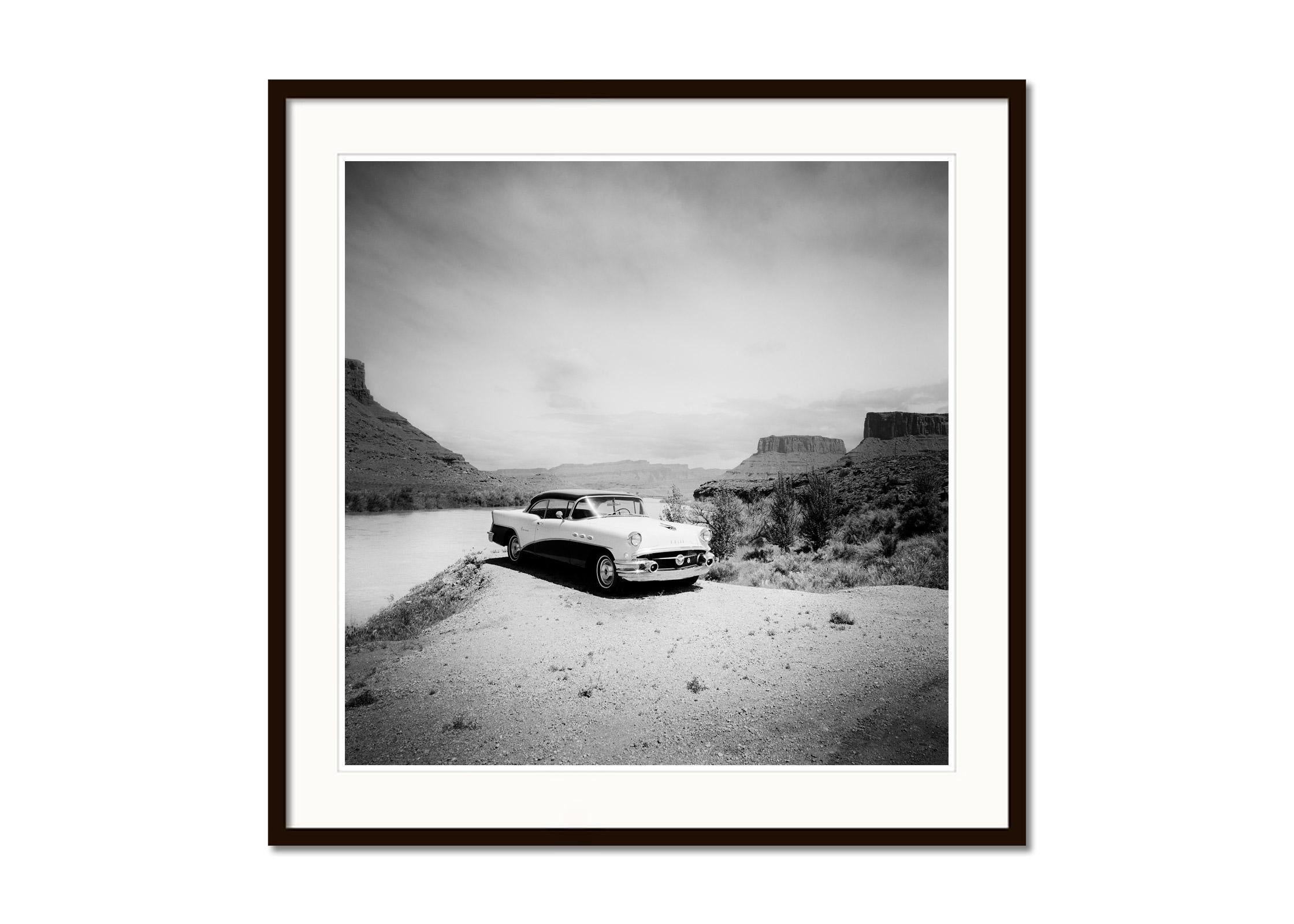 Buick 60 Century Convertible, Desert, USA, black and white landscape photography - Gray Black and White Photograph by Gerald Berghammer