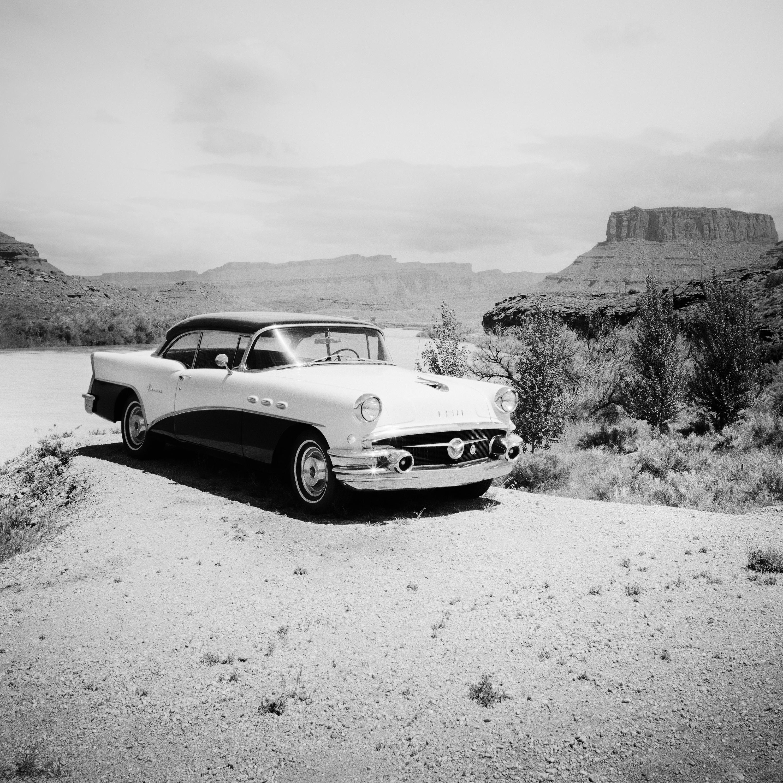 Buick 60 Century Convertible, Desert, USA, black and white landscape photography For Sale 3