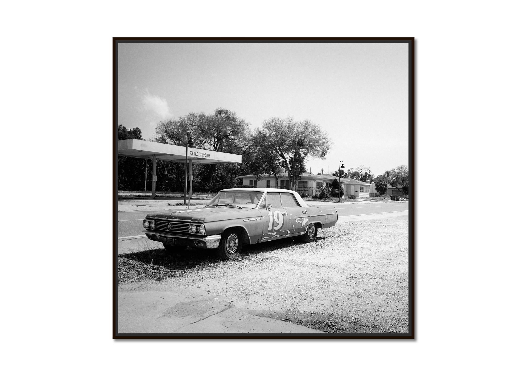 Buick for sale, classic car, Florida, USA, black and white landscape photography - Photograph by Gerald Berghammer