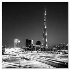 Burj Khalifa, Night, Skyscraper, Dubai, black and white photography, cityscape