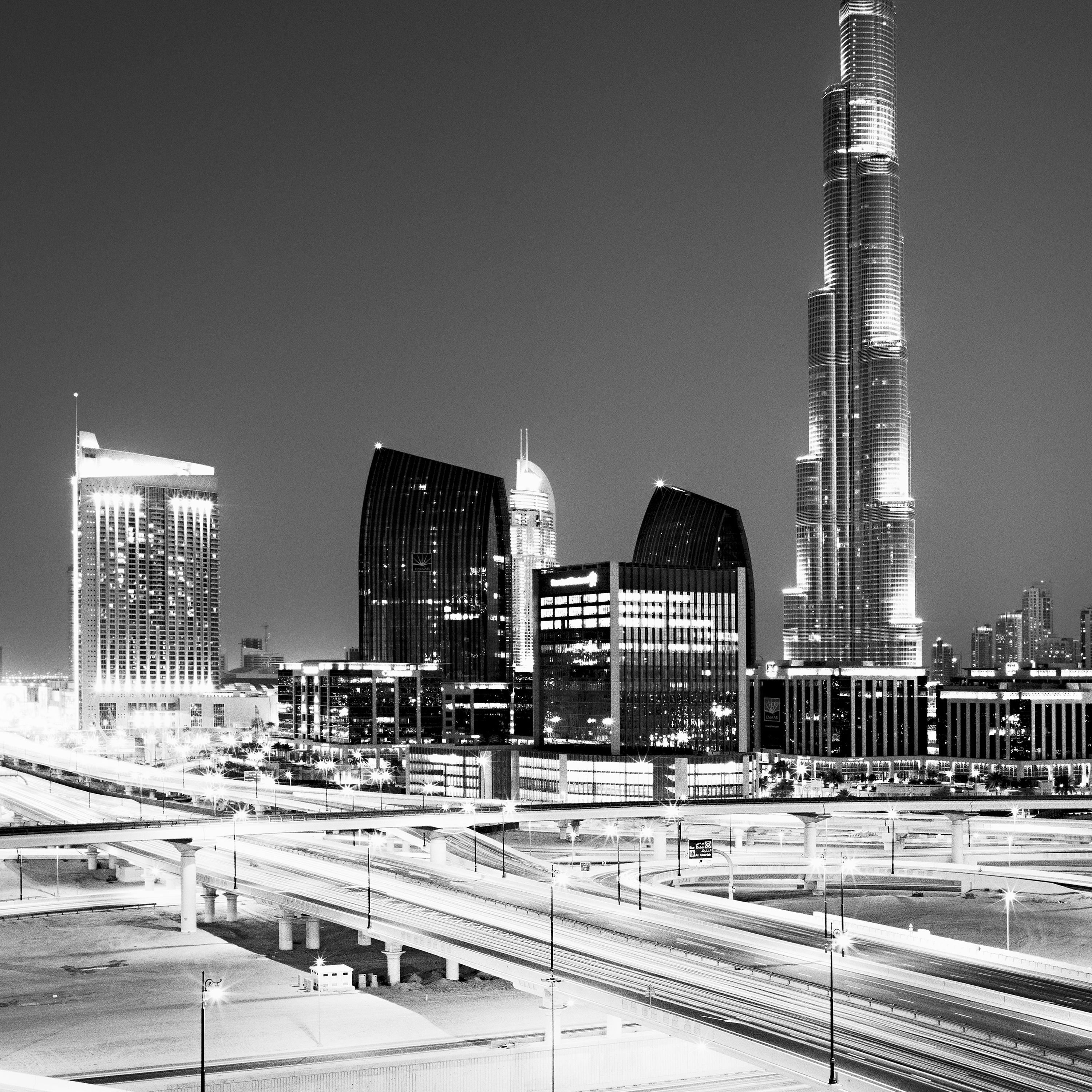 Burj Khalifa, Night, Skyscraper, Dubai, black and white photography, cityscape For Sale 1