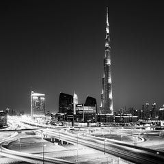 Burj Khalifa, Night, Skyscraper, Dubai, black and white photography, cityscape