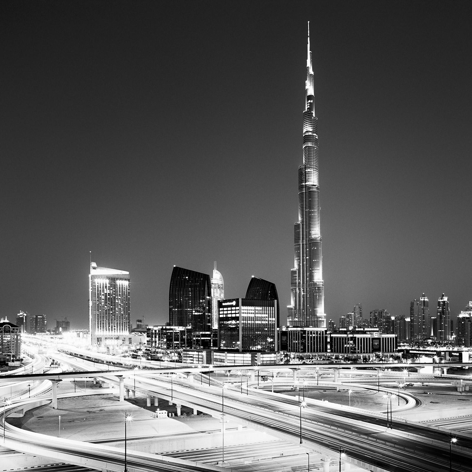 Gerald Berghammer Black and White Photograph - Burj Khalifa, Night, Skyscraper, Dubai, black and white photography, cityscape