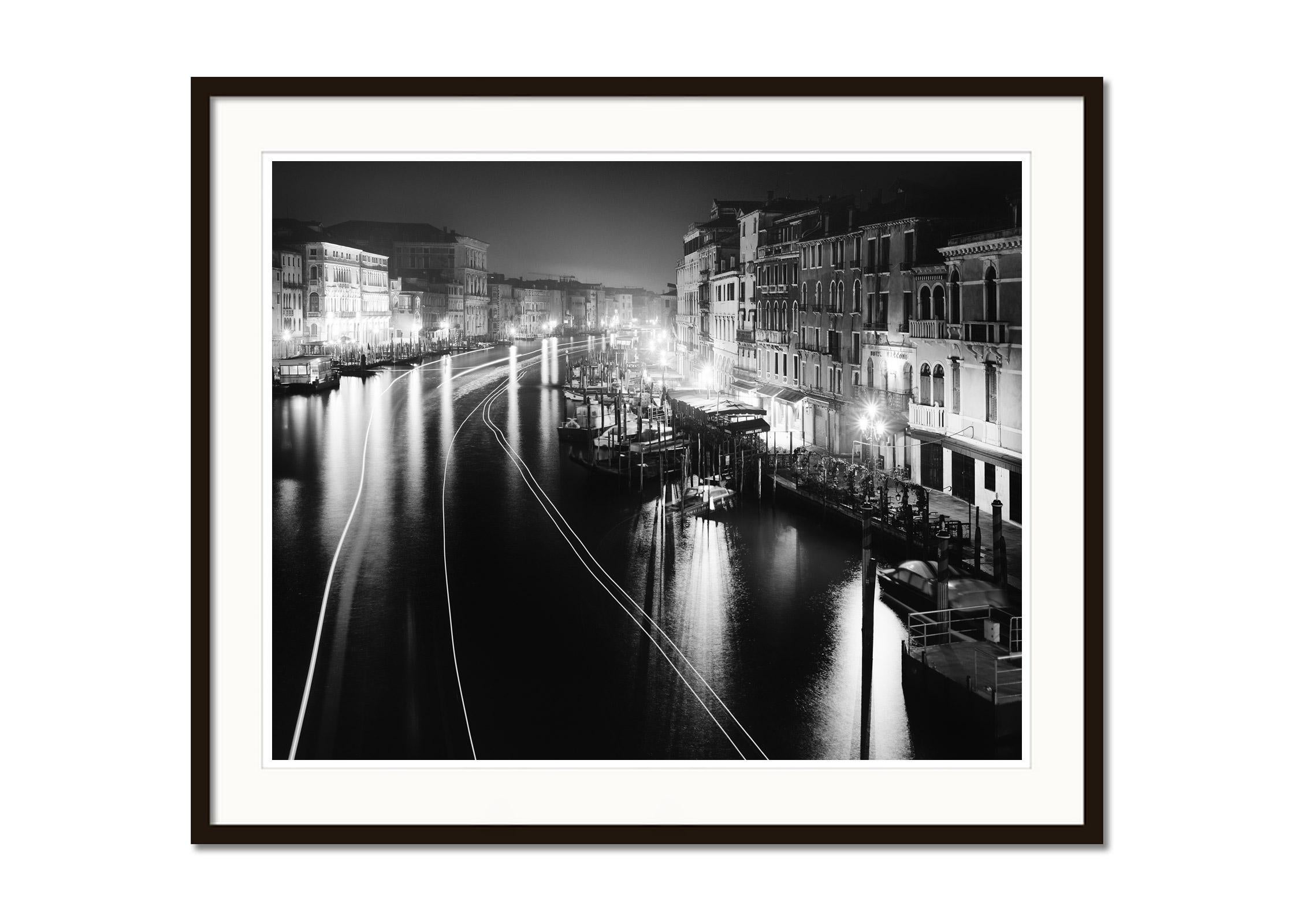 Canal Grande Night, Venice, black and white, fine art cityscape photography - Black Landscape Photograph by Gerald Berghammer