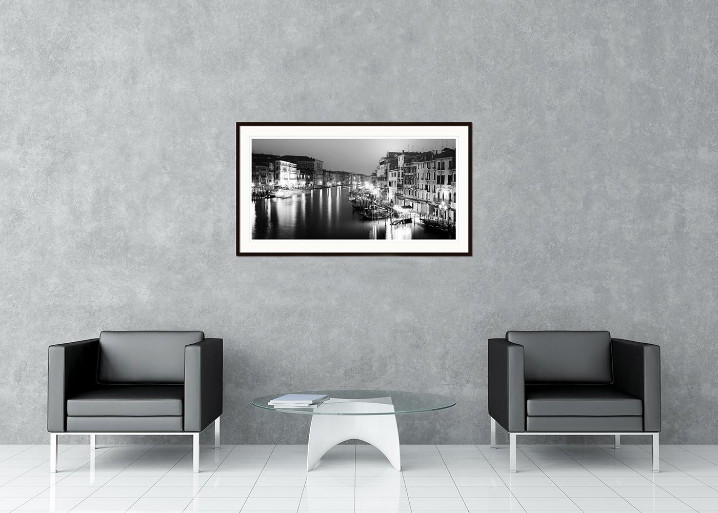 Black and white fine art long exposure waterscape - panorama landscape photography. Canal Grande with gondola at night, Rialto viewpoint, Venice, Italy. Archival pigment ink print, edition of 9. Signed, titled, dated and numbered by artist.