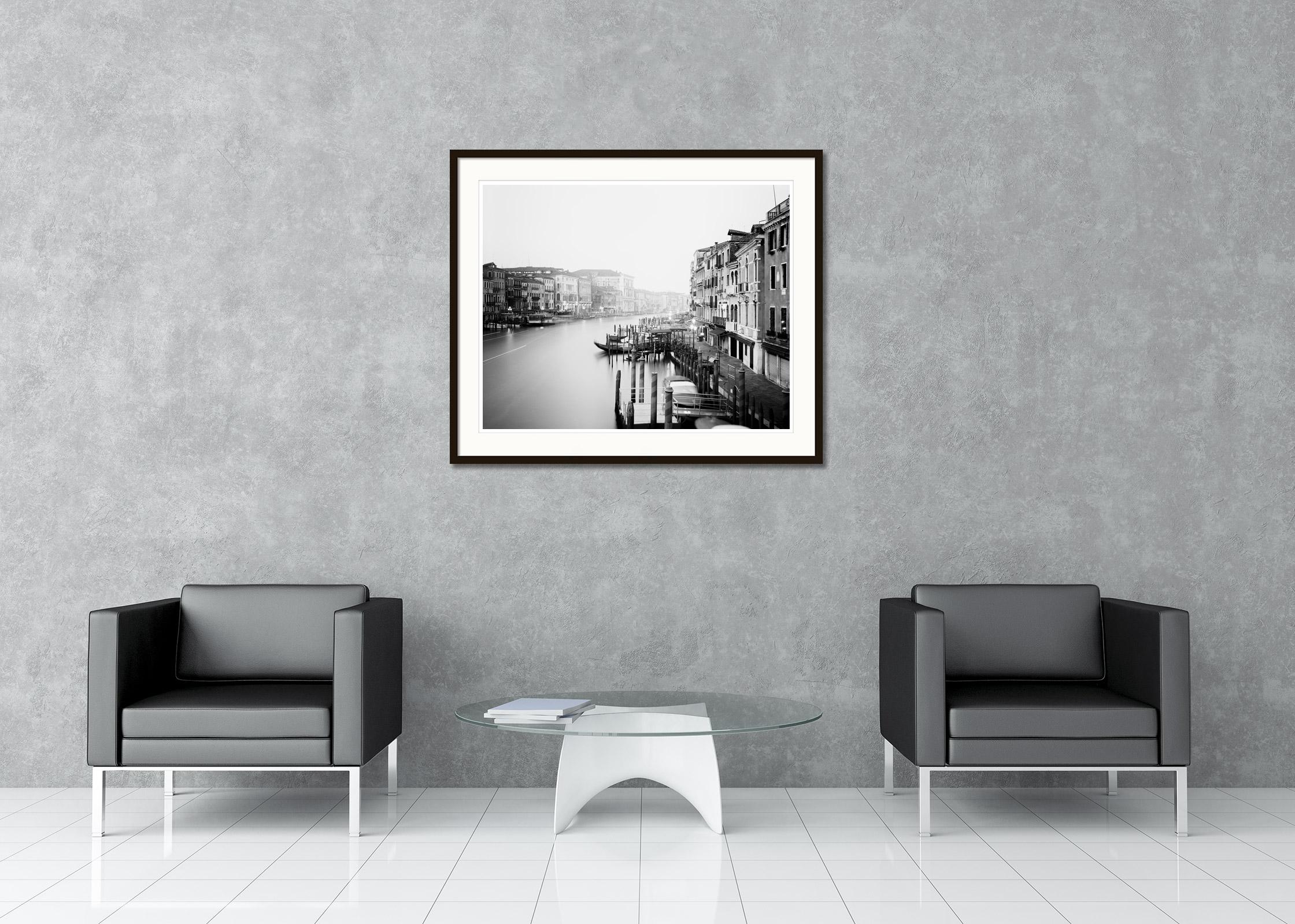Black and White Fine Art Long Exposure Cityscape Photography. Grand Canal View from Rialto Bridge, Venice, Italy. Archival pigment ink print, edition of 7. Signed, titled, dated and numbered by artist. Certificate of authenticity included. Printed