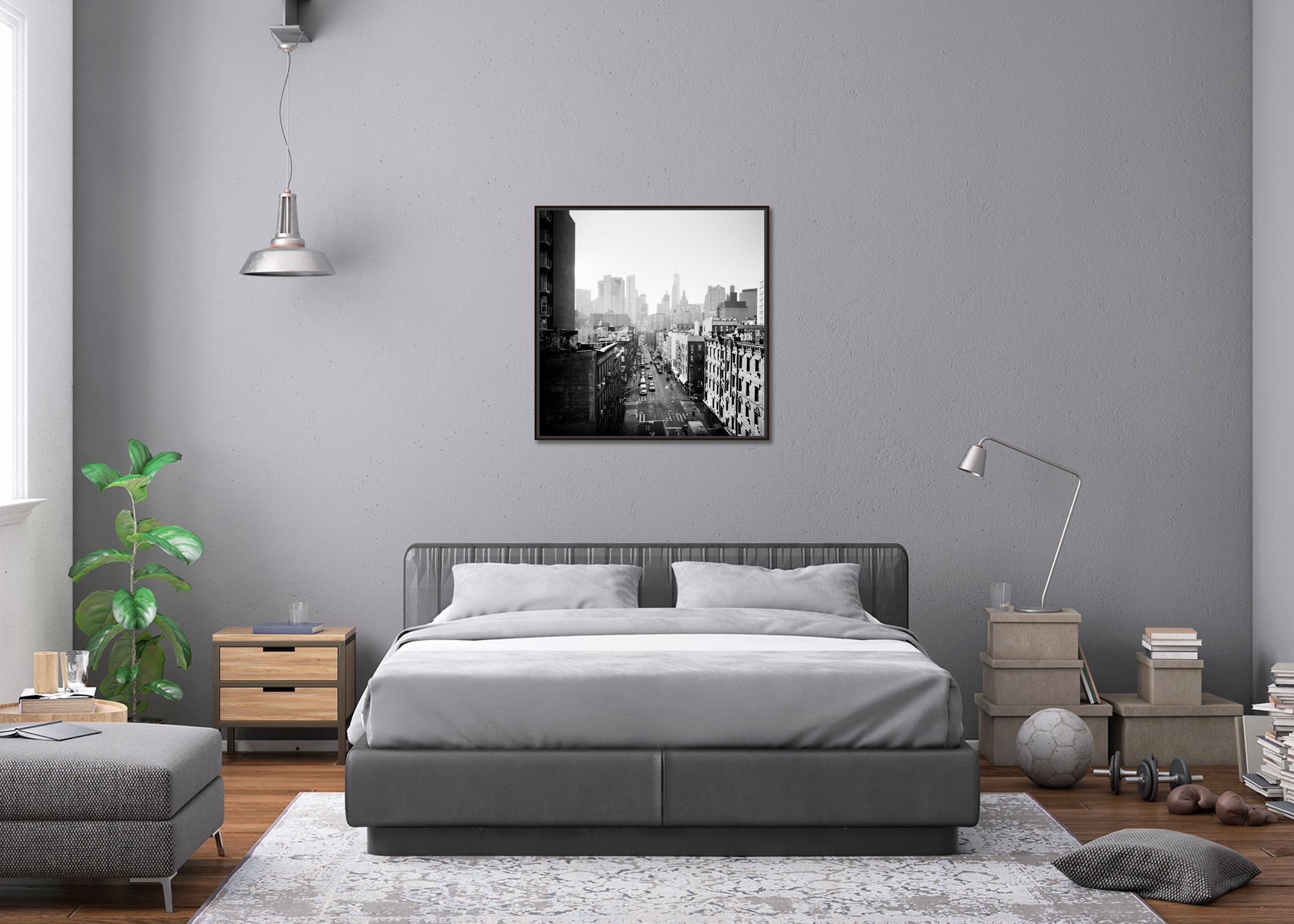 Chinatown Skyline New York City USA black and white cityscape art photography - Gray Black and White Photograph by Gerald Berghammer