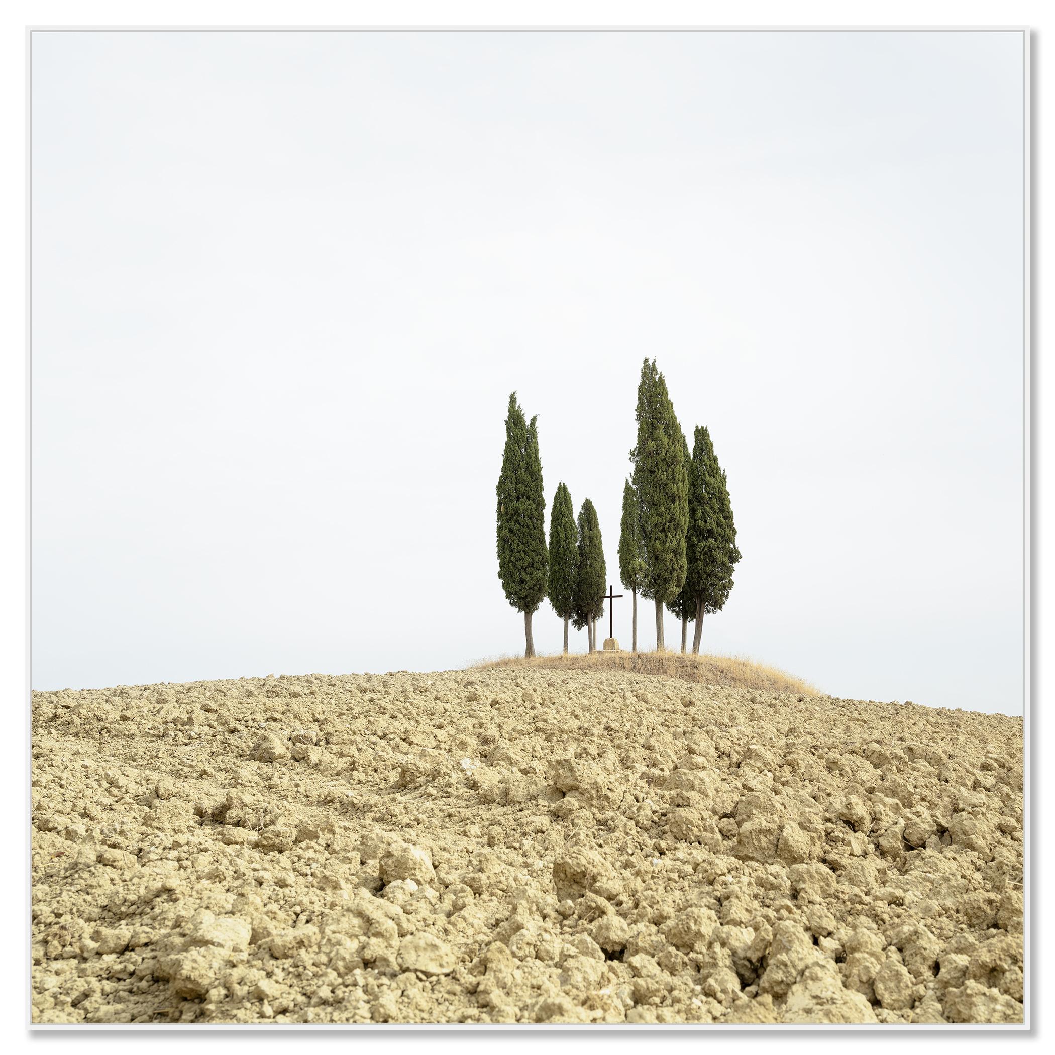 Cypress Tree on a Hill with a Cross - Tuscany - limited landscape editon photo - Photograph by Gerald Berghammer