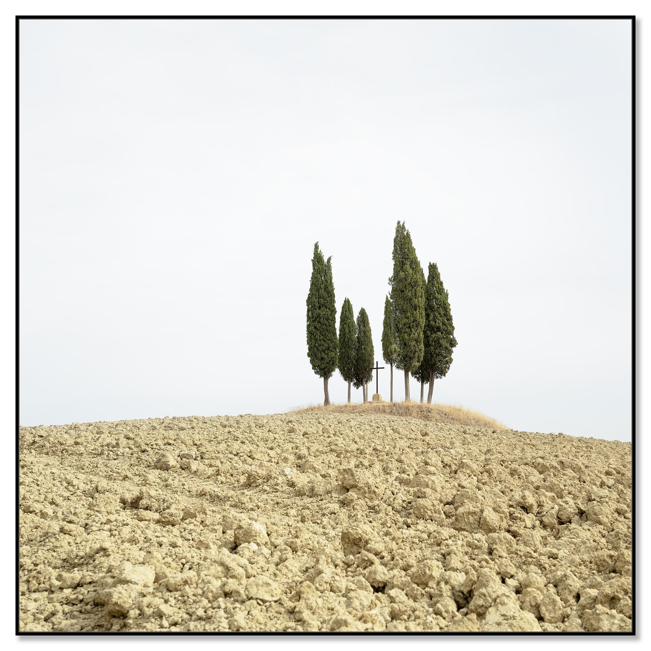 Cypress Tree on a Hill with a Cross - Tuscany - limited landscape editon photo - Contemporary Photograph by Gerald Berghammer