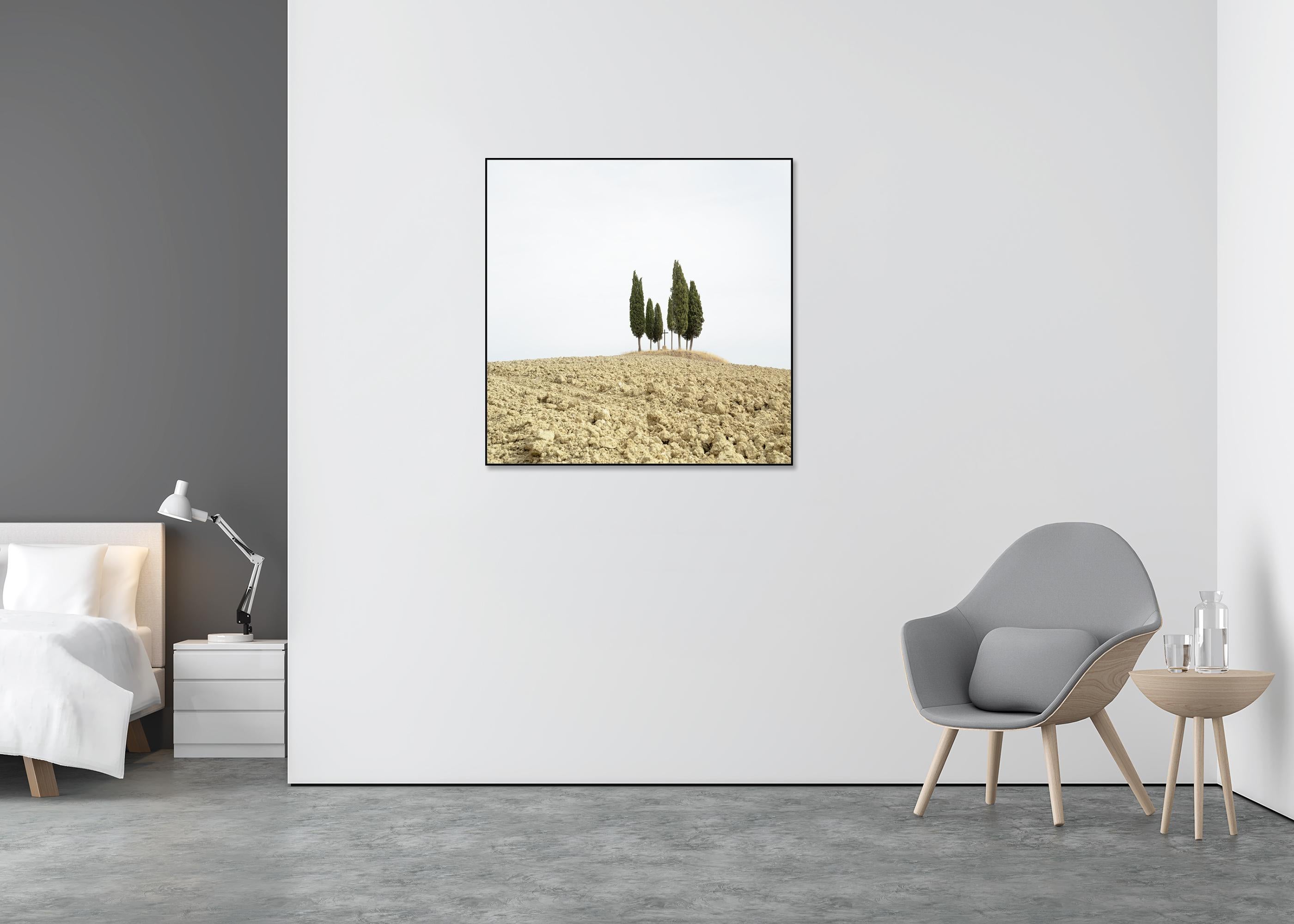 Cypress Tree on a Hill with a Cross - Tuscany - limited landscape editon photo - Beige Color Photograph by Gerald Berghammer