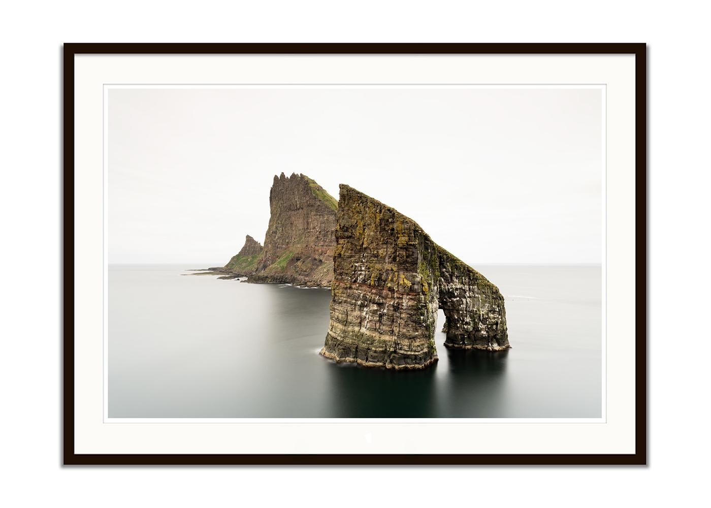 Drangarnir, Faroe Islands - Minimalist Seascape, Limited Edition Large Scale - Gray Color Photograph by Gerald Berghammer