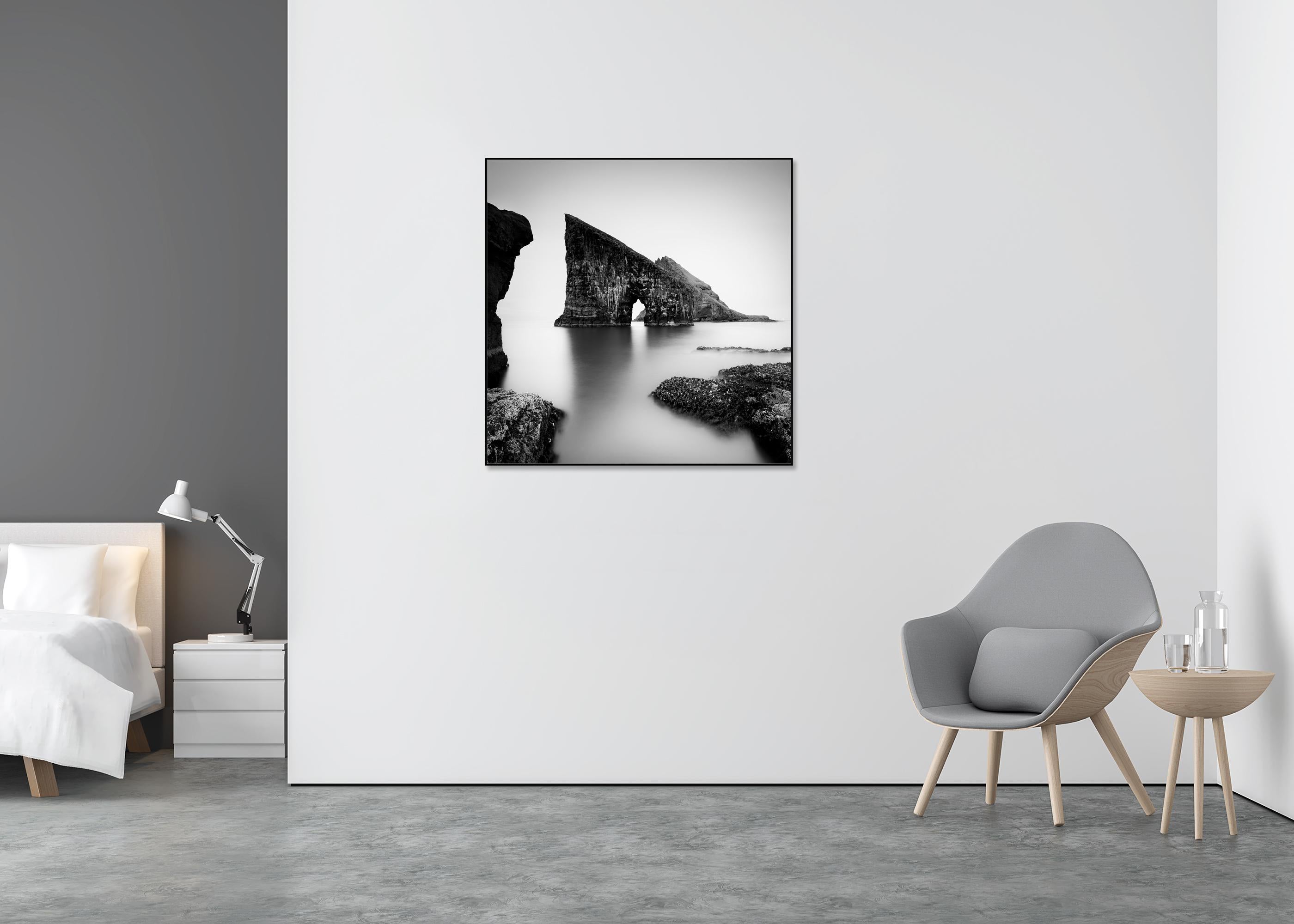 Drangarnir Sea Stacks, Rock Island, Ocean, Nature - Gray Landscape Photograph by Gerald Berghammer