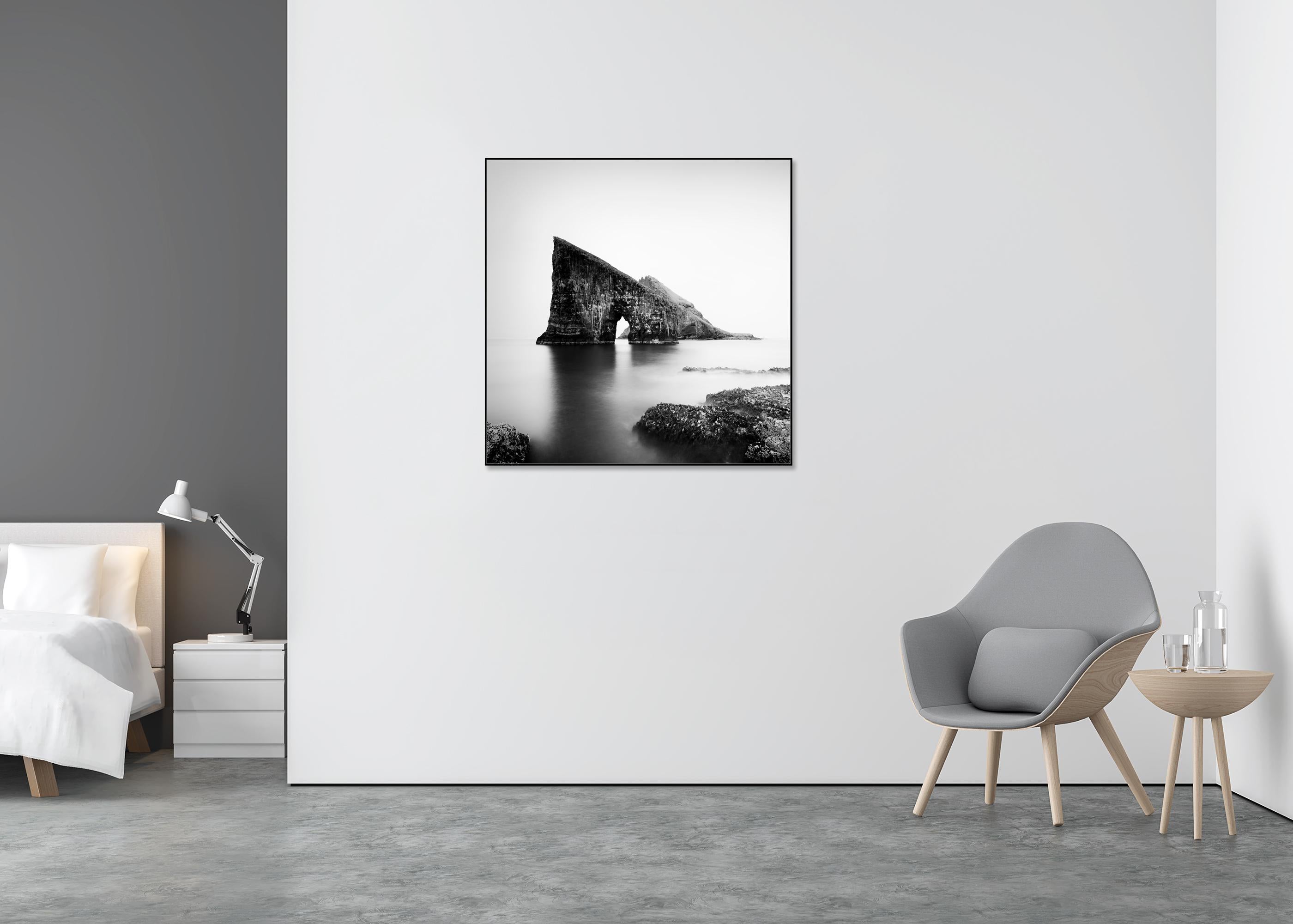 Drangarnir Sea Stacks, monochrome, minimalist photograph, limited editon print - Gray Landscape Photograph by Gerald Berghammer