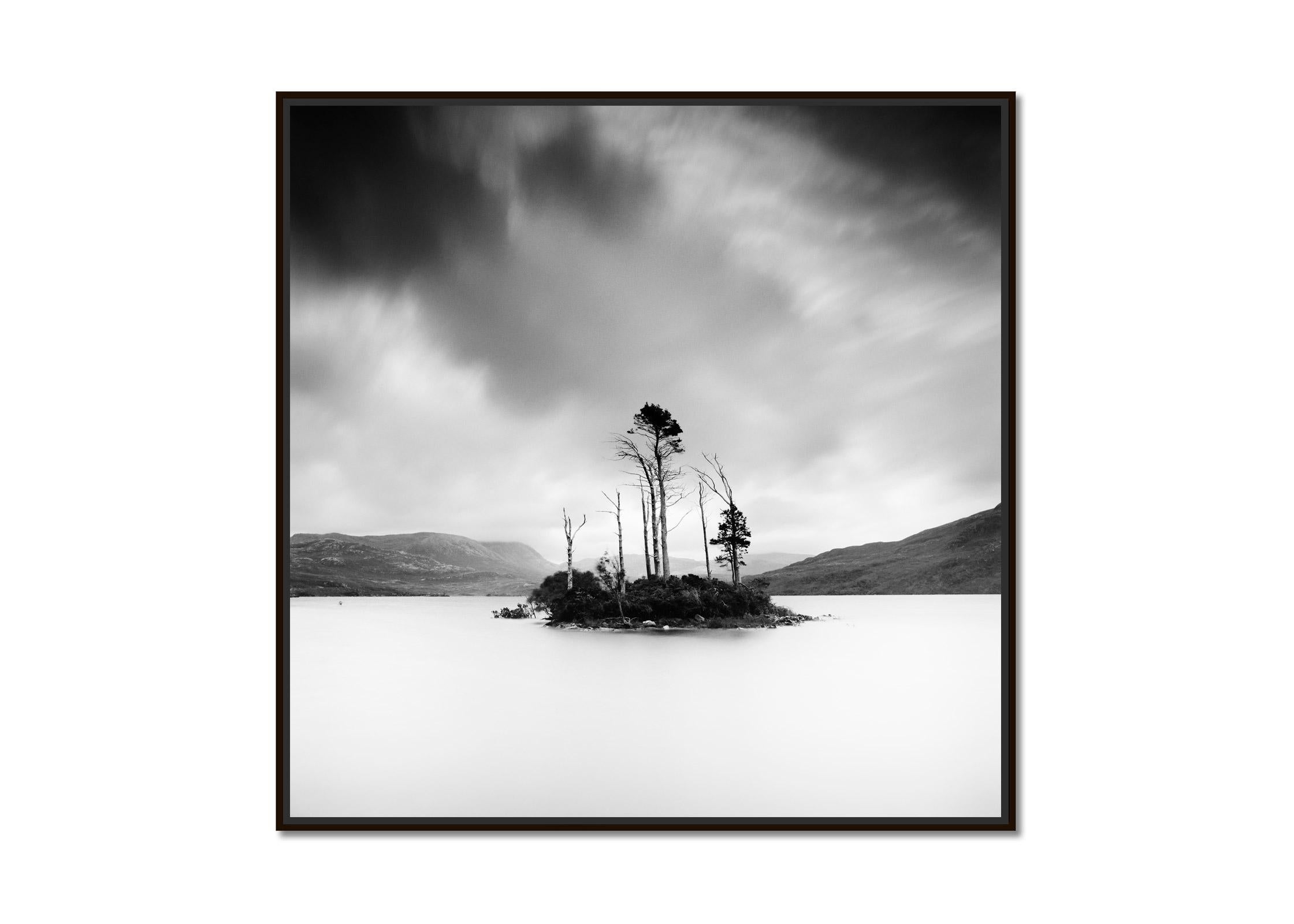 Drowned Island, Trees, Hills, Island, Scotland, black and white, landscape photo - Photograph by Gerald Berghammer