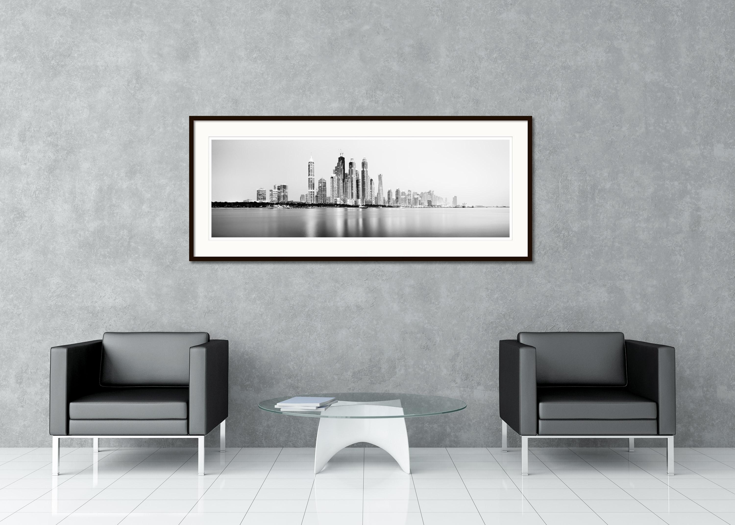 Dubai Marina, Blue Hour, Panorama, Beach, black and white photo print, landscape - Gray Landscape Photograph by Gerald Berghammer