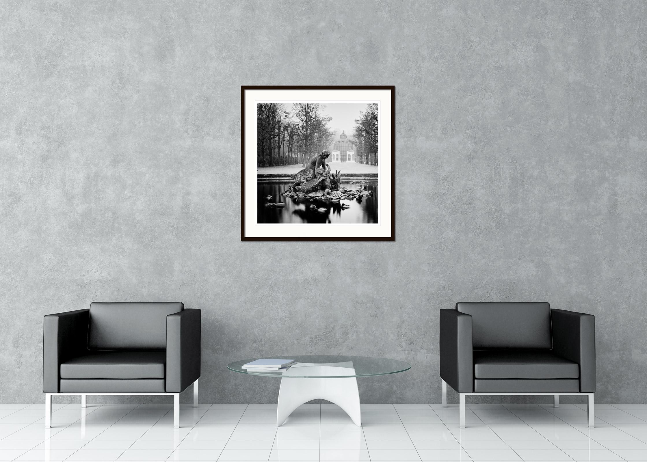 Black and White Fine Art cityscape – landscape photography. Najadenbrunnen towards the Columbary in the park of Schoenbrunn Palace, Vienna, Austria. Archival pigment ink print, edition of 9. Signed, titled, dated and numbered by artist. Certificate