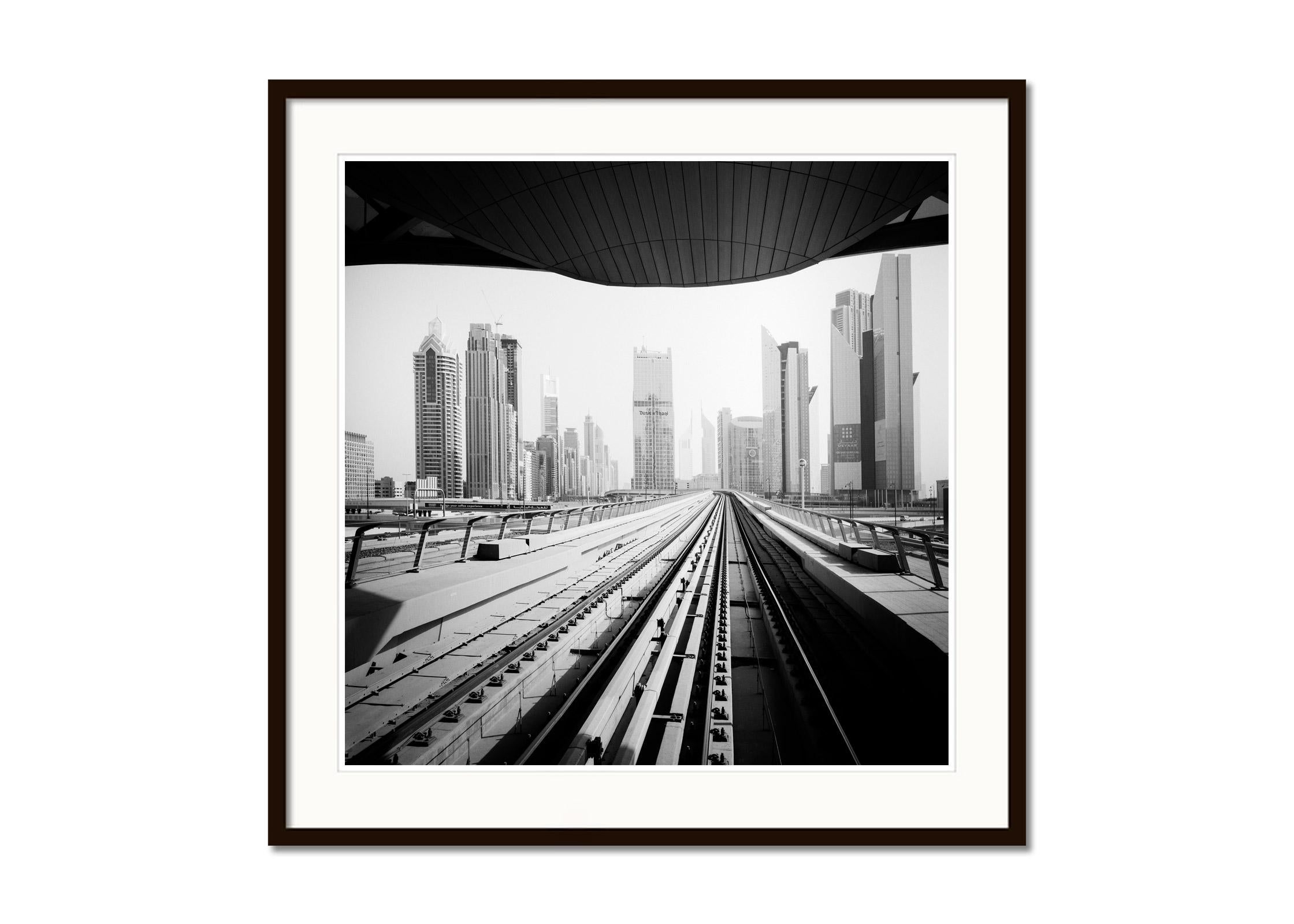 Dusit Thani, Dubai, Mega City, Skyscraper, Black and White cityscape photography - Gray Black and White Photograph by Gerald Berghammer