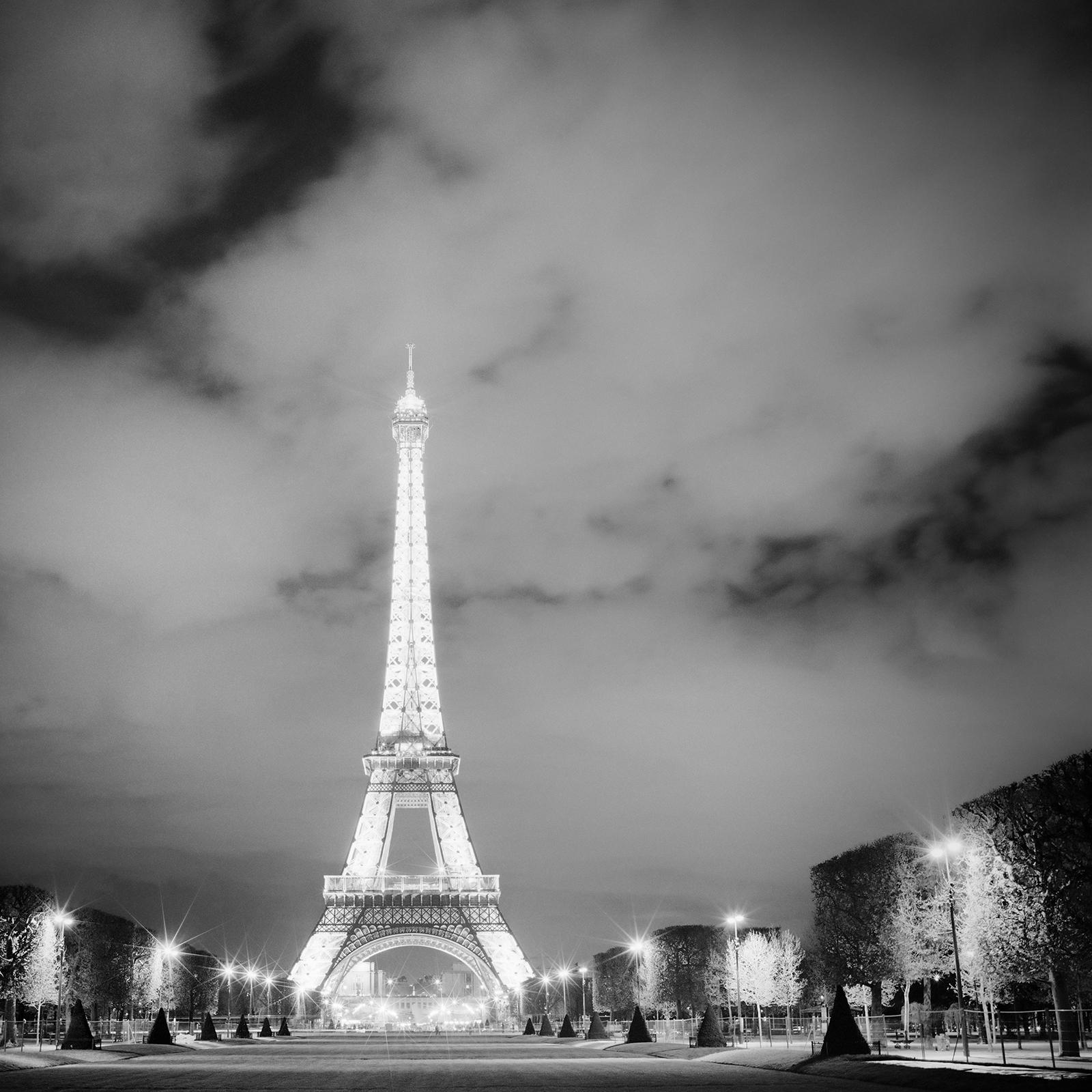 Eiffel Tower, Night, Paris, light show, black and white photography, cityscape For Sale 5