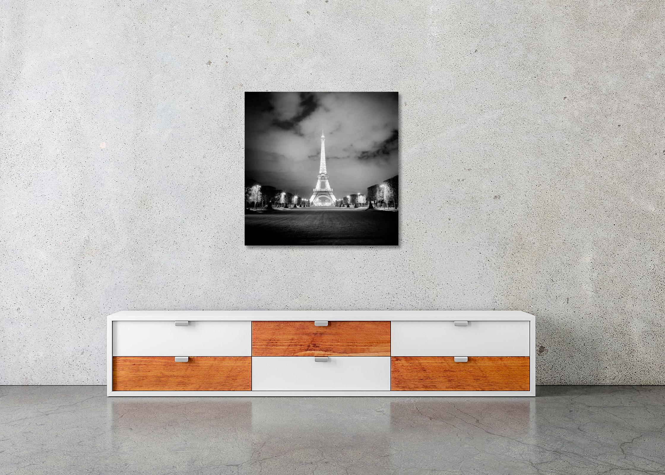Eiffel Tower, Night, Paris, light show, black and white photography, cityscape For Sale 2