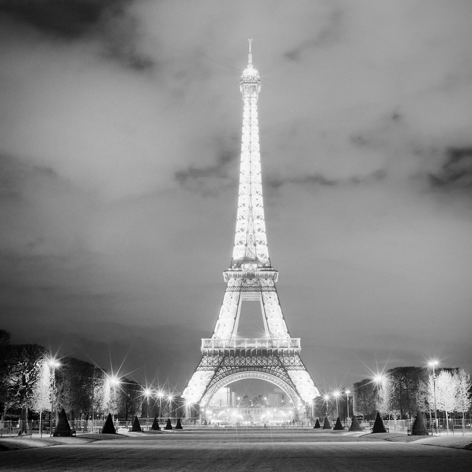 Eiffel Tower, Night, Paris, light show, black and white photography, cityscape For Sale 3