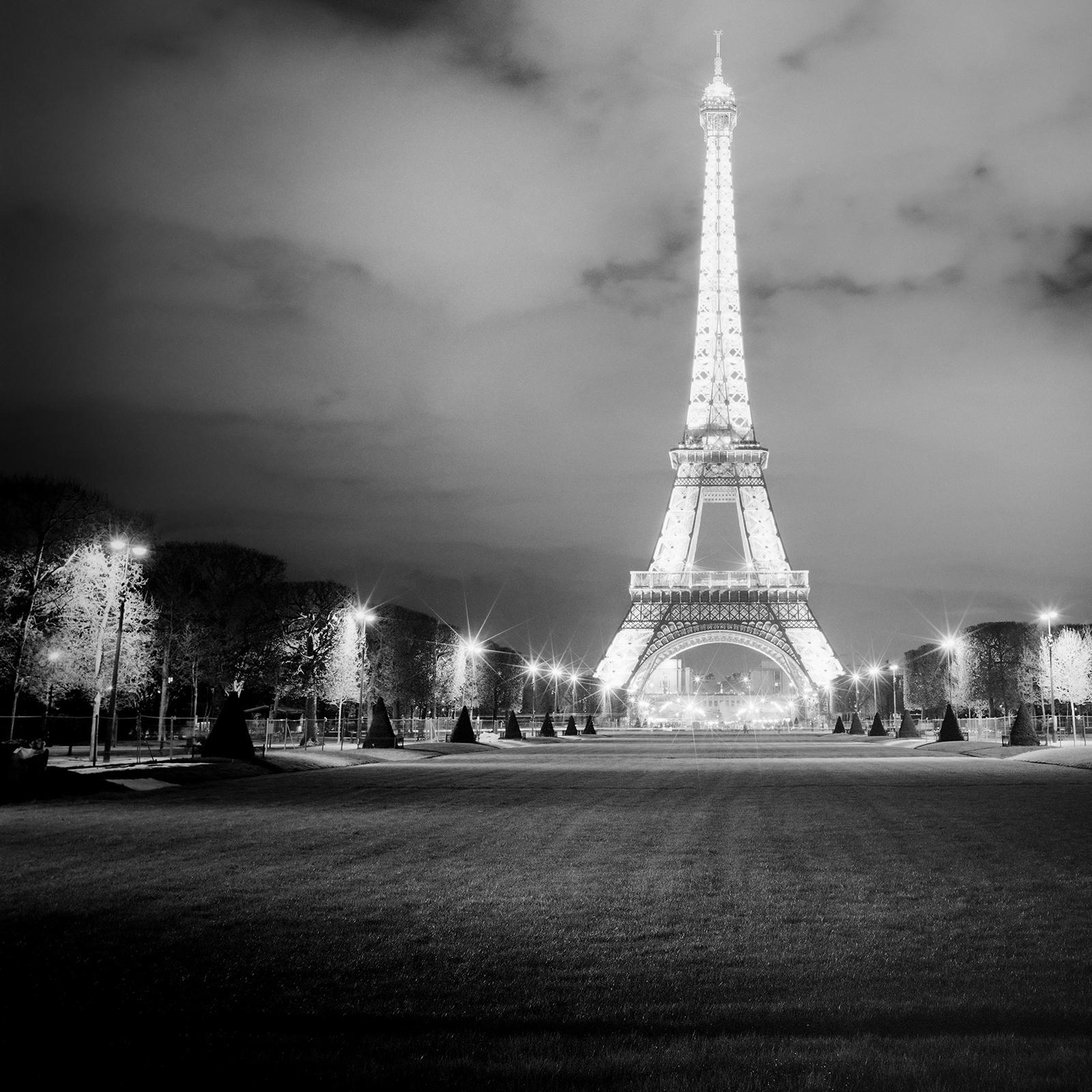 Eiffel Tower, Night, Paris, light show, black and white photography, cityscape For Sale 4