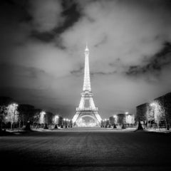 Eiffel Tower, Night, Paris, light show, black and white photography, cityscape