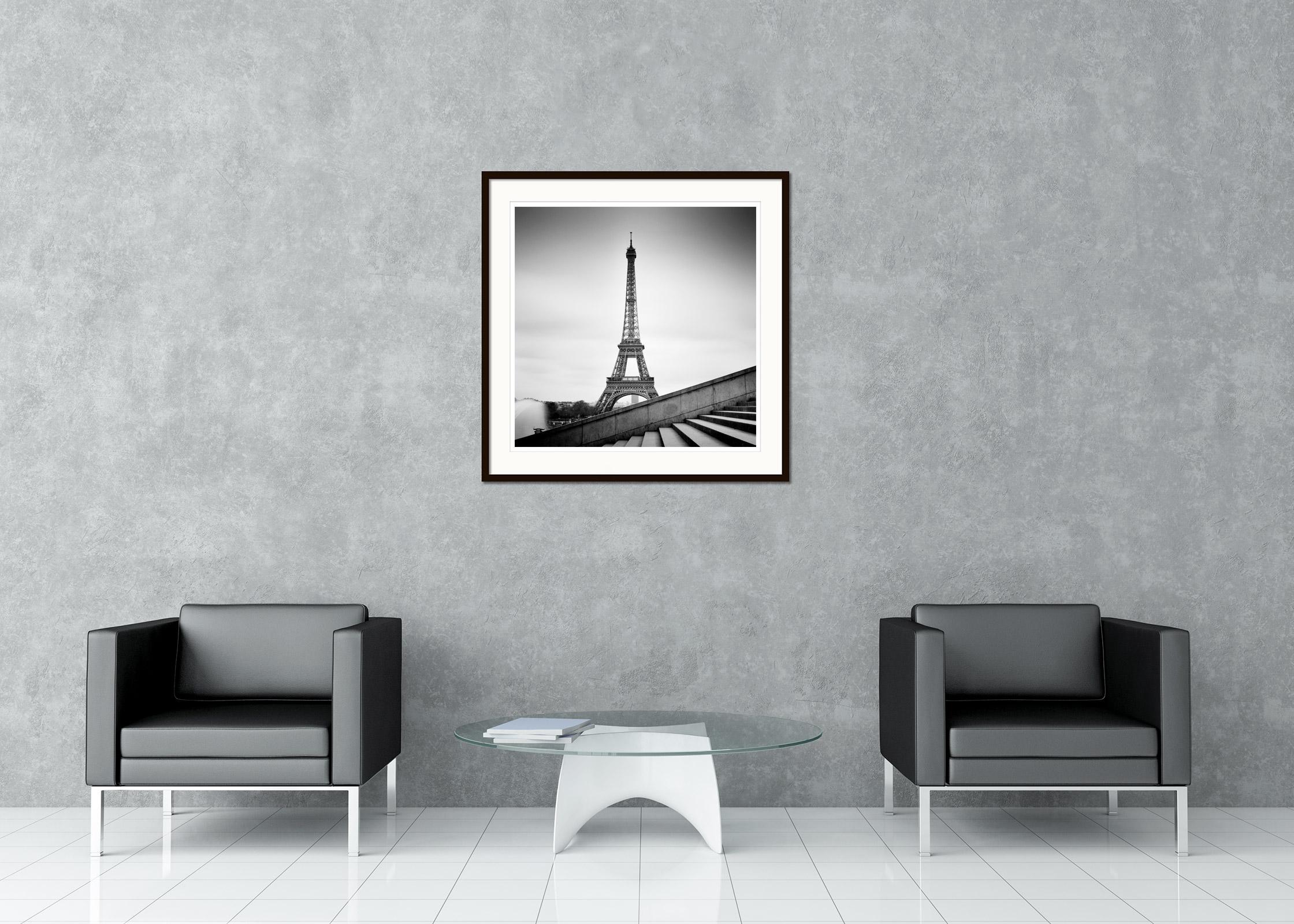Eiffel Tower, Stairs at the Trocadero, Paris, black and white cityscape print - Gray Landscape Photograph by Gerald Berghammer