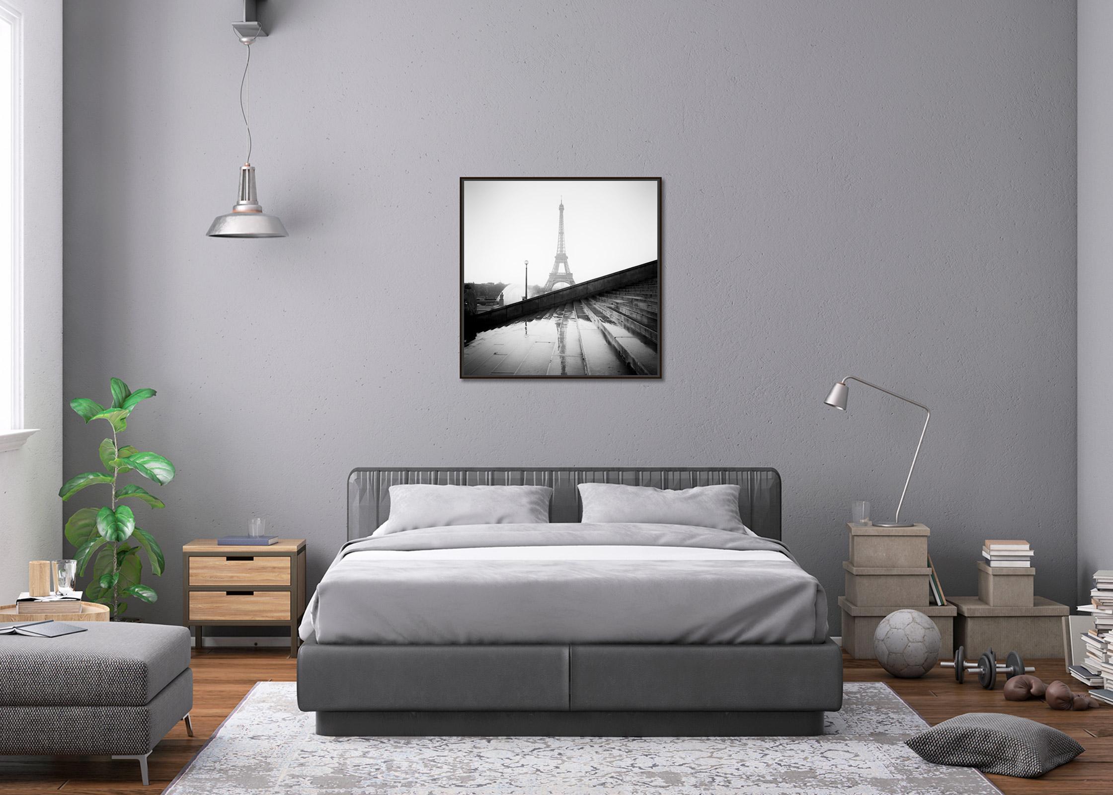 Black and White Fine Art Landscape Photography. Eiffel Tower with the Palais de Chaillot staircase in rainy weather, Paris, France. Archival pigment ink print, edition of 7. Signed, titled, dated and numbered by artist. Certificate of authenticity