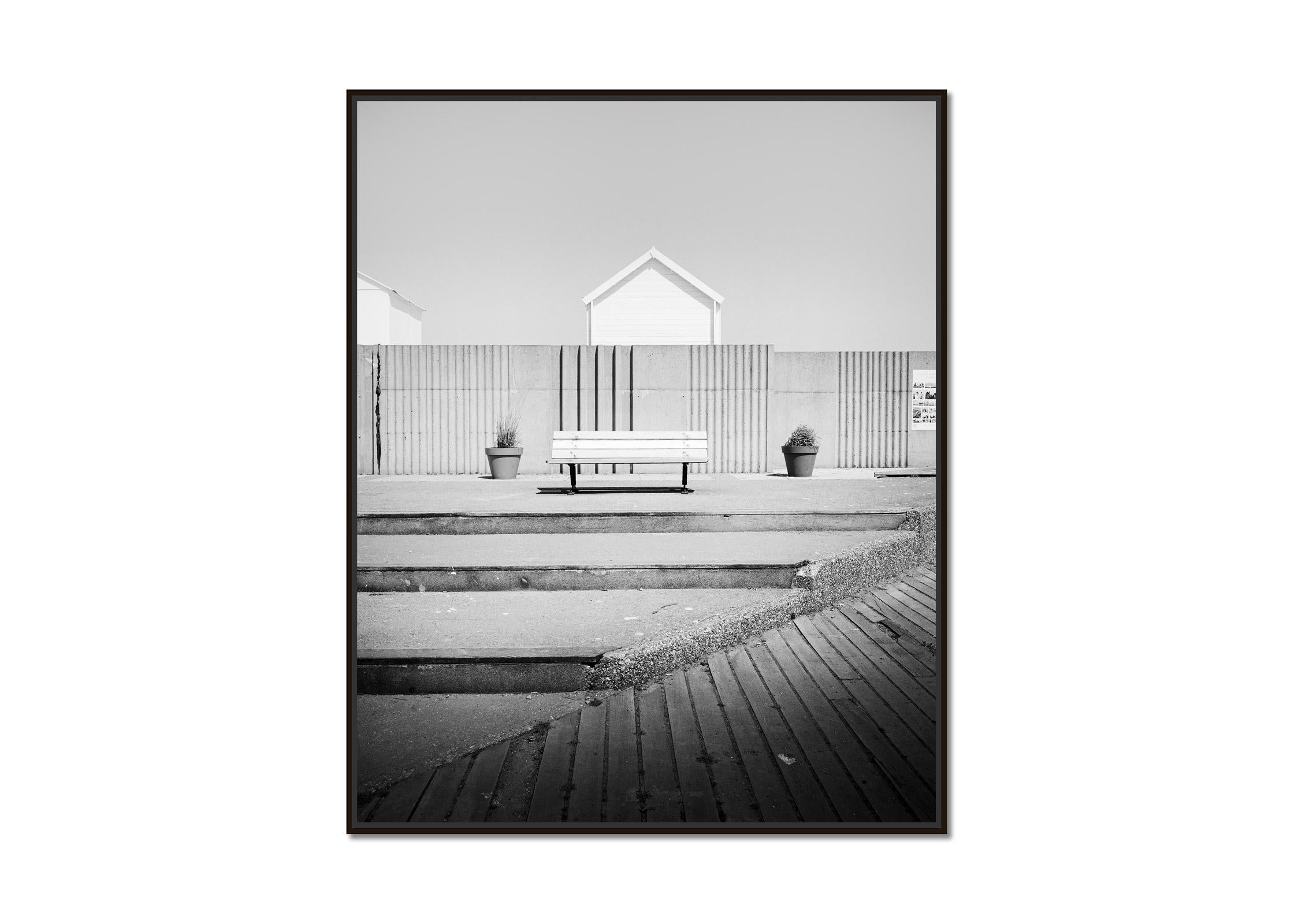 Esplanade, Beach Huts, France, minimalist black and white landscape photography - Photograph by Gerald Berghammer