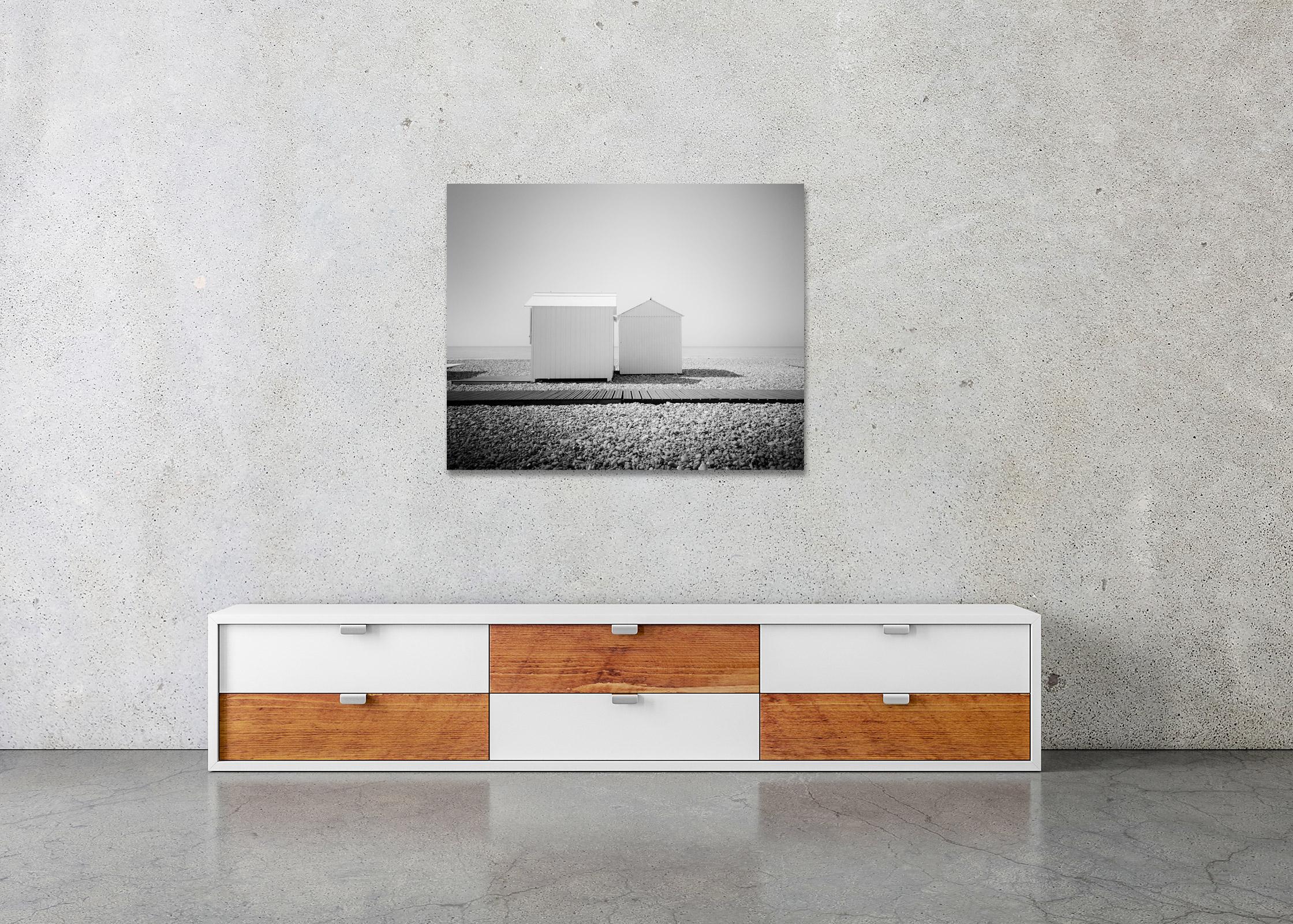 Esplanade, Beach Huts, Normandie, France, black and white landscape photography For Sale 2