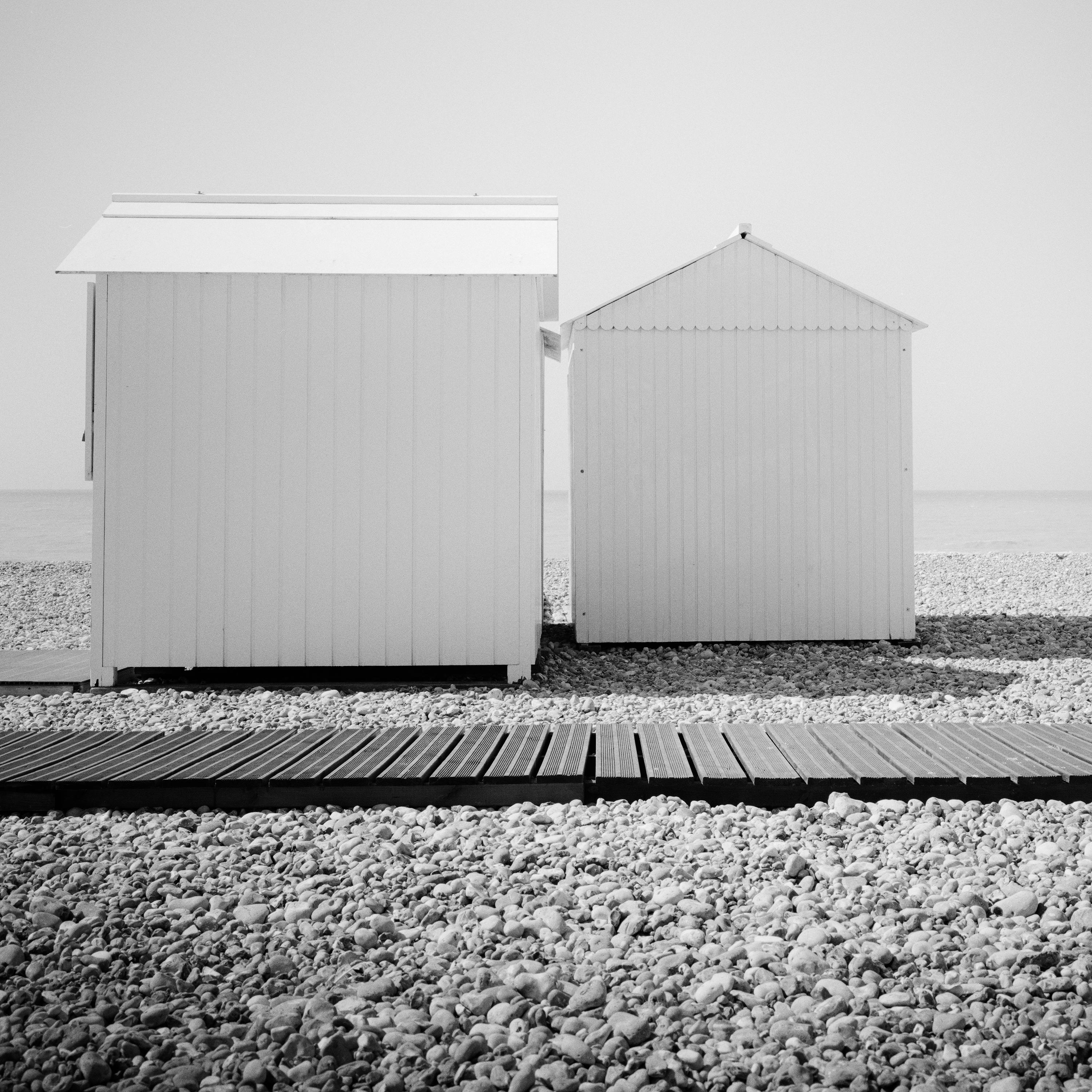 Esplanade, Beach Huts, Normandie, France, black and white landscape photography For Sale 3