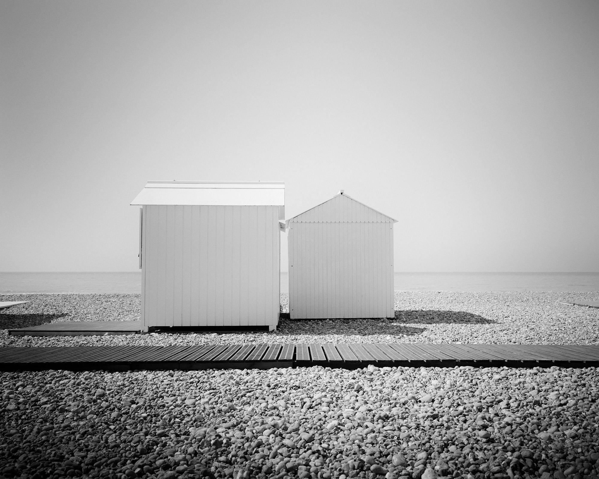 Esplanade, Beach Huts, Normandie, France, black and white landscape photography