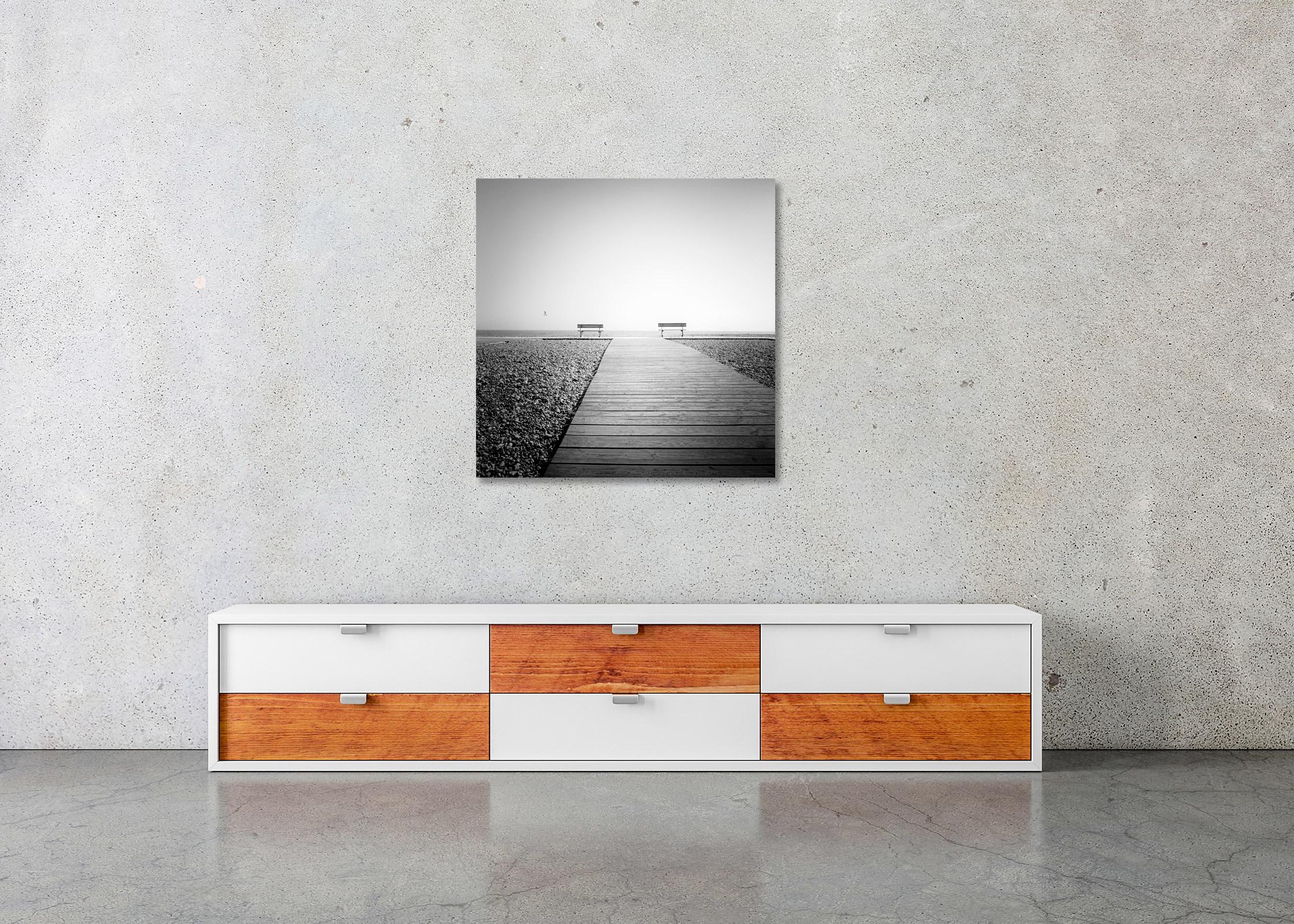 Esplanade, lonely rocky beach, France, Black and White landscape art photography For Sale 2