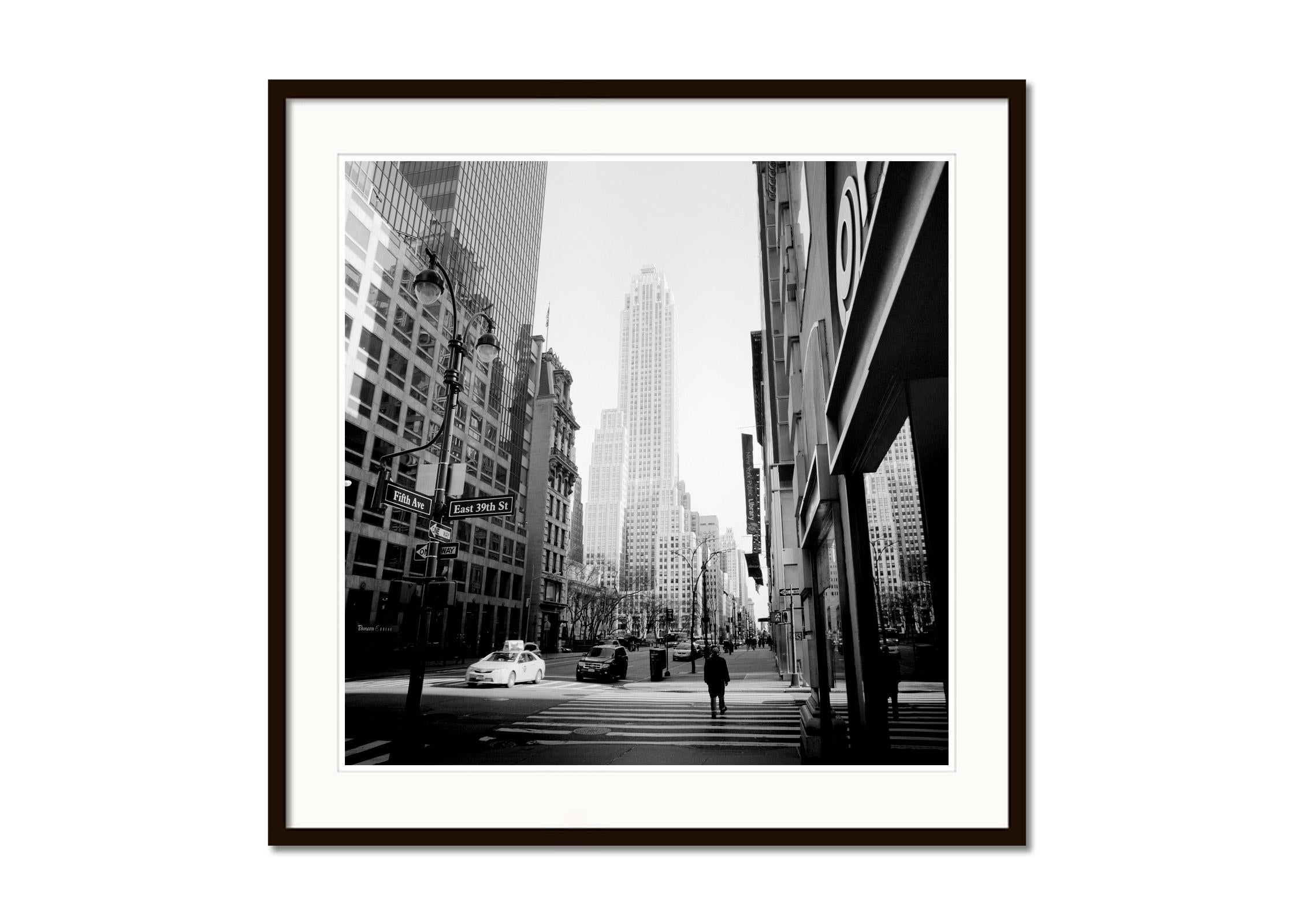 Fifth Ave East 39th St New York City USA black white art cityscape photography - Black Black and White Photograph by Gerald Berghammer